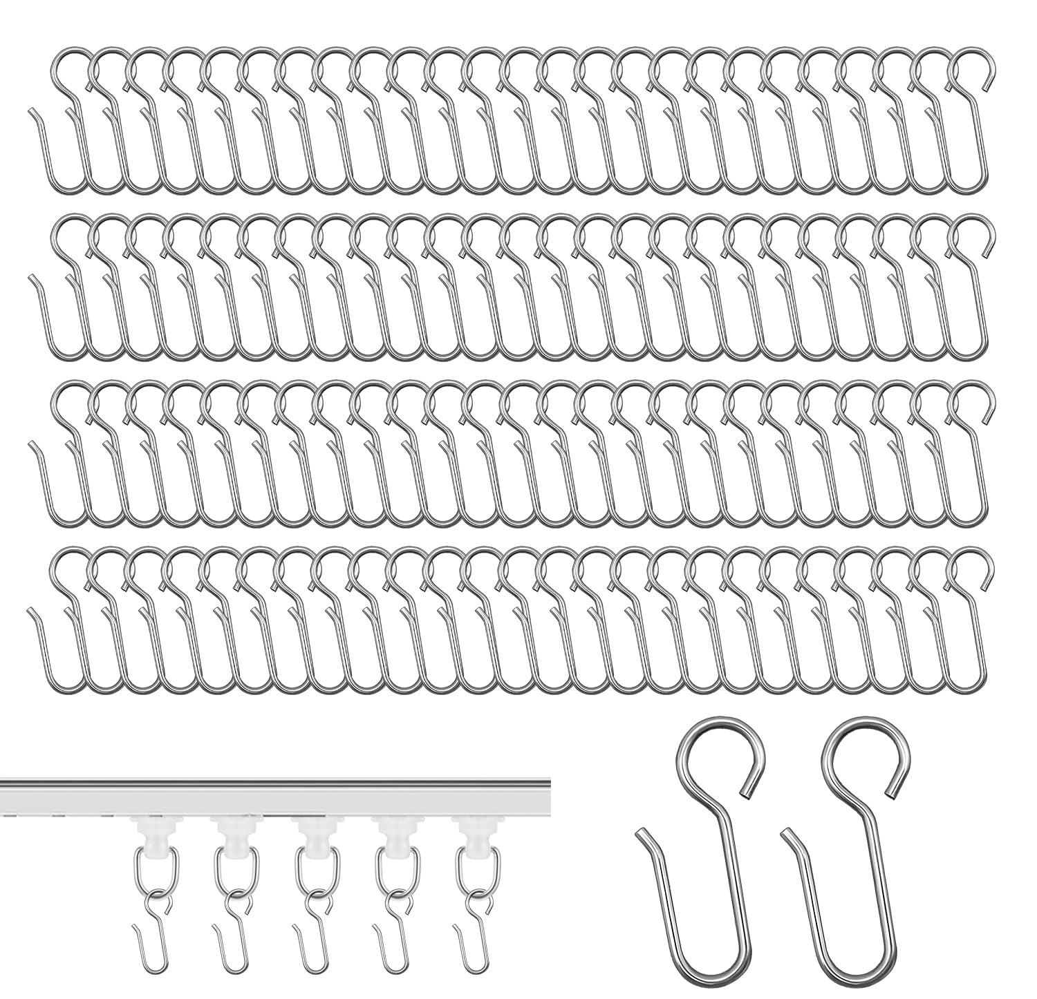 Metal Curtain Hooks, 100 Pcs Curtain Track Hooks S Shaped Hanging Shower Curtains Hook Silver Ceiling Curtain Hook for Dorm Window Bathroom