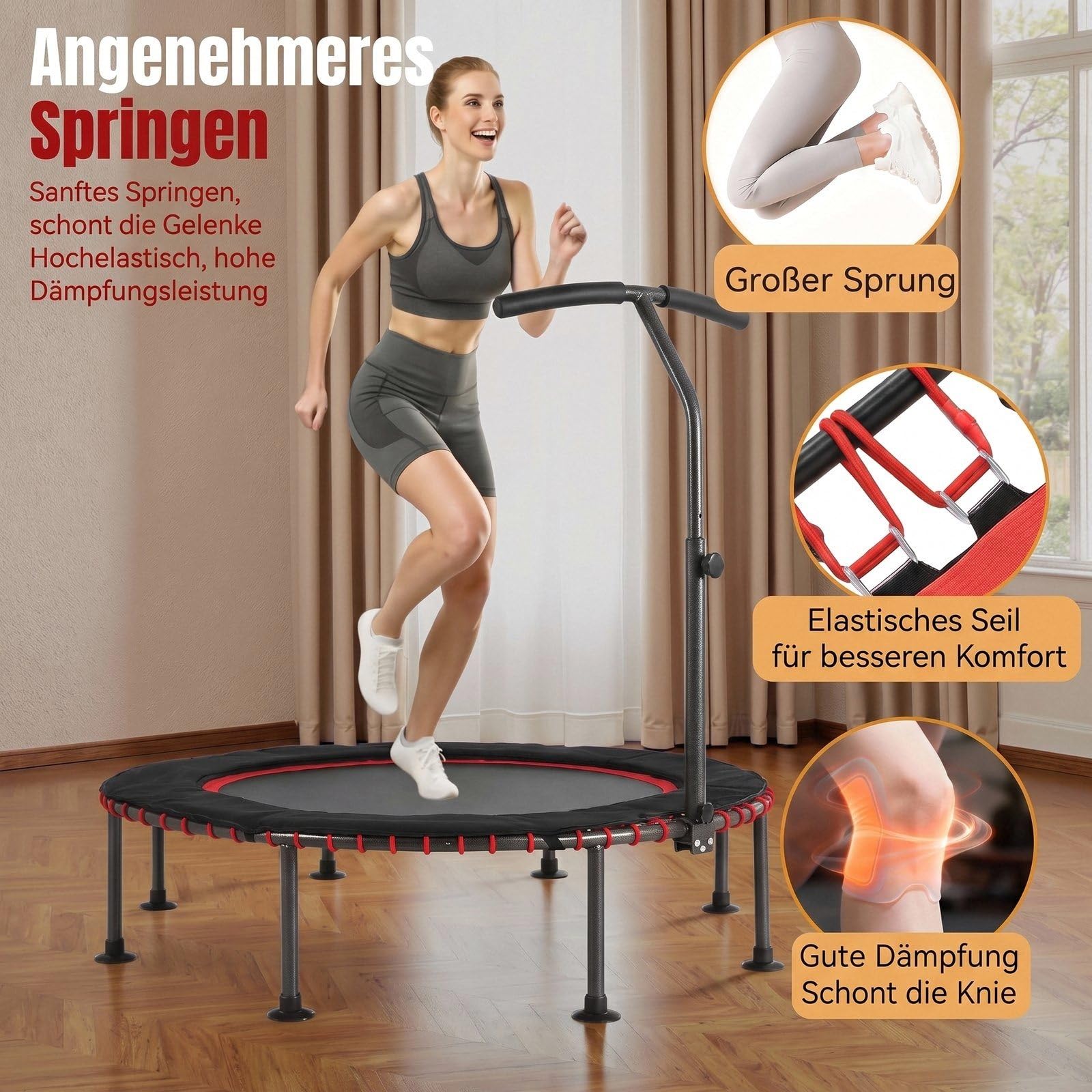 LIFERUN Trampolino elastico per interni, per adulti, diametro di 122/128cm, per allenamento, portata 150 kg, sospensione in corda in gomma stabile e silenziosa, manico regolabile in altezza a 3,Rosso
