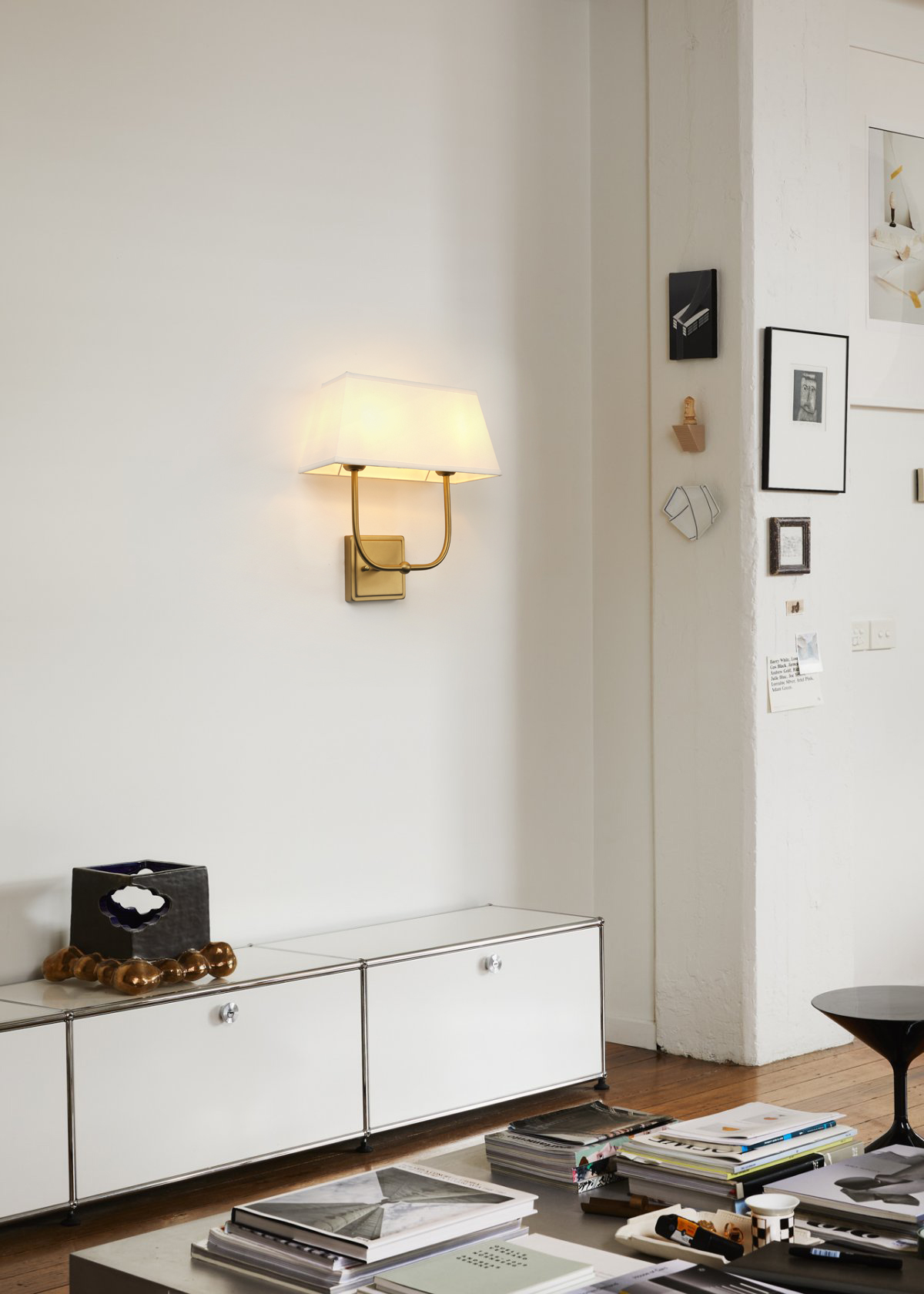 Image of PERMO Transitional Double Sconce 2 Lights Indoor Sconce Wall Lighting with White Textile Fabric Square Shade for Bedroom Bedside Living Room (Antique Brass)
