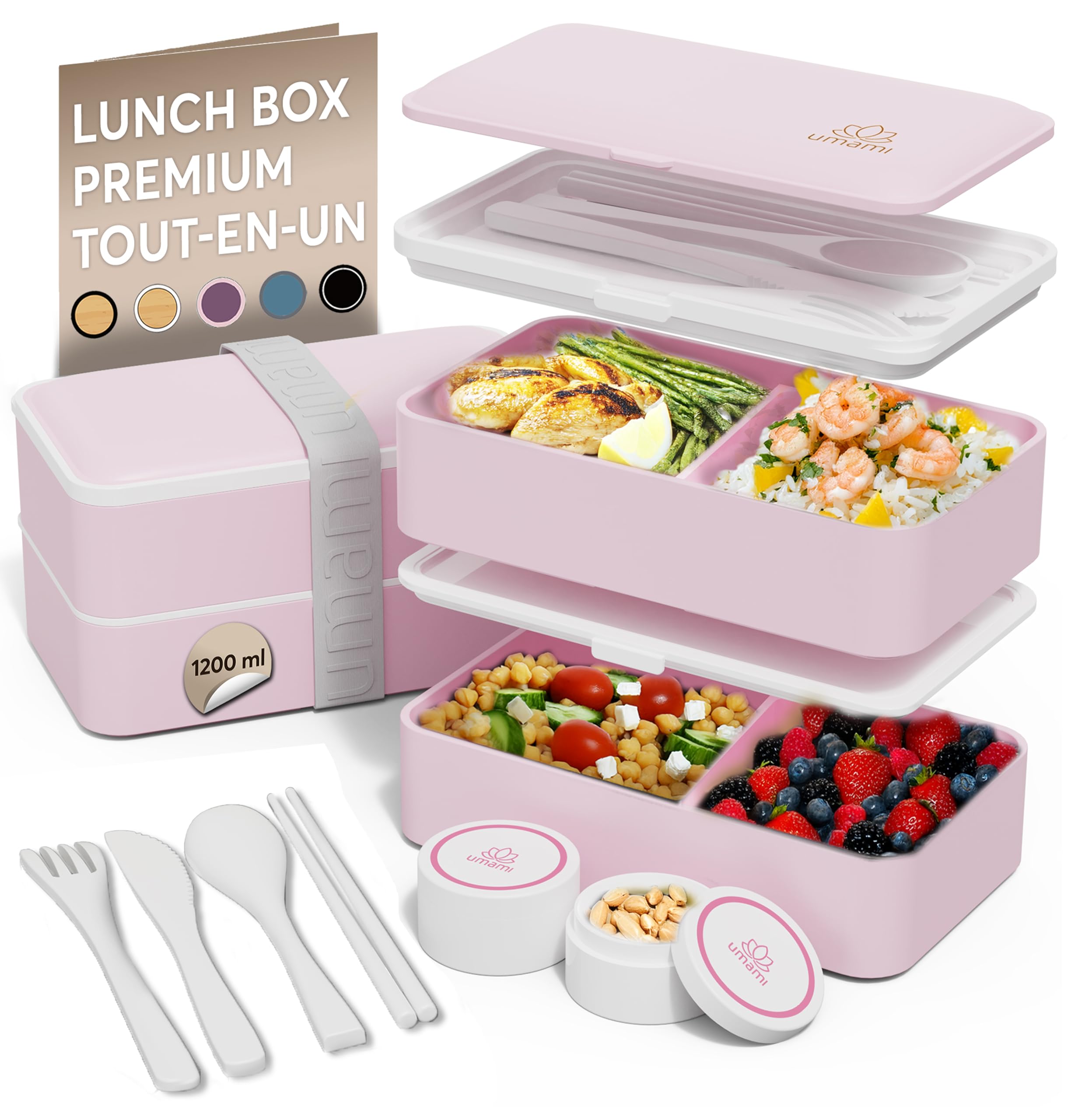 Umami Bento Lunch Box, Couverts & 2 Pots à Sauce Inclus, Boîte à Lunch Étanche, Lunchbox Adulte, Micro-​Ondable Boîte Repas Compartimentée, Rose Kawaii, 1200 ml