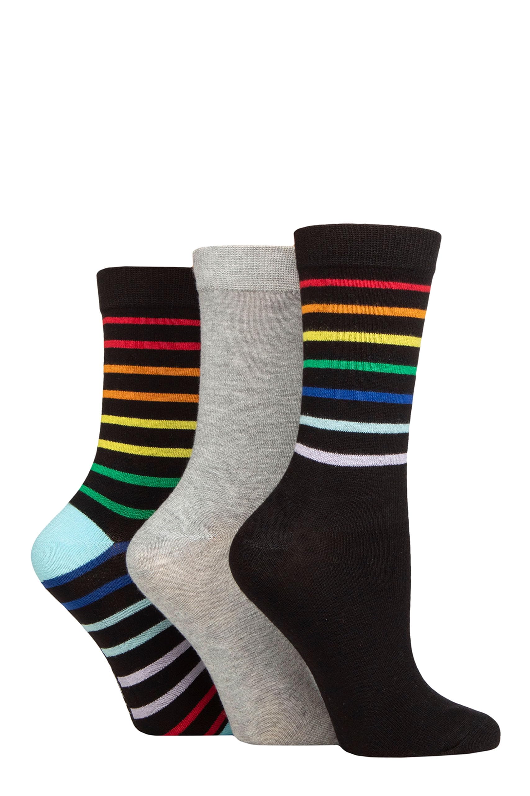 SockShop Wildfeet Ladies Bamboo Socks -Patterned Fun and Colourful Soft Breathable Socks Multipack of 3 Pairs (UK, Numeric, 4, 8, Regular, Regular, Rainbow Stripe Black)