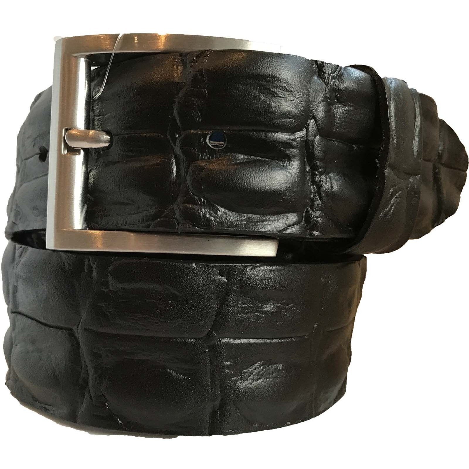 MENS BELT BLACK 100% ITALIAN FULL GRAIN SINGLE SKIN HIDE LEATHER BELT CROCODILE PRINT 40MM (SMALL 30-32 INCHES)