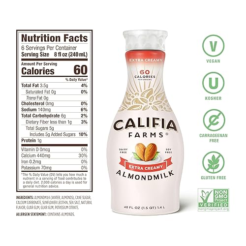 Miniatura 6 de Califia Farms - Leche de almendras extra cremosa 48 onzas sin lácteos vegana a base de plantas vegana sin gluten sin OMG alto en calcio batido