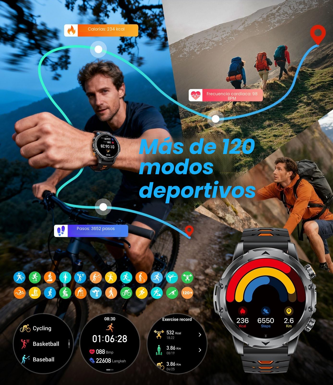 Reloj Inteligente Hombre con Llamadas/Batería 1000 mAh para Android iOS, 1,53" HD Grande Smartwatch Militar con Frecuencia Cardíaca/129 Modos Deportivos, IP68 Resistente al Agua, Linterna,Negro