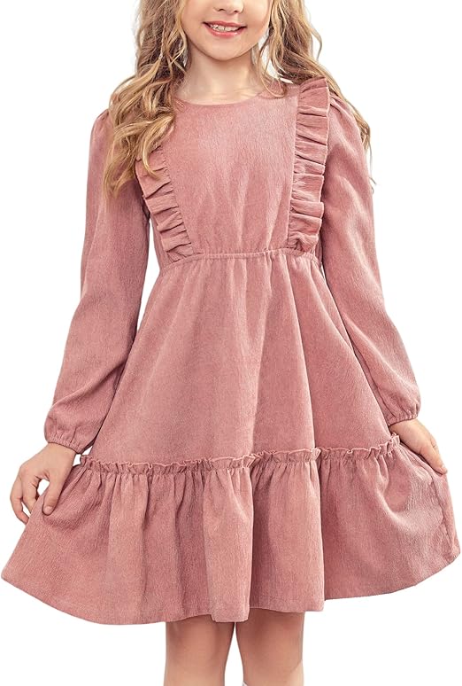 Arshiner Girls Dresses Casual A-line Ruffled Button Long Sleeve Corduroy Swing Dress