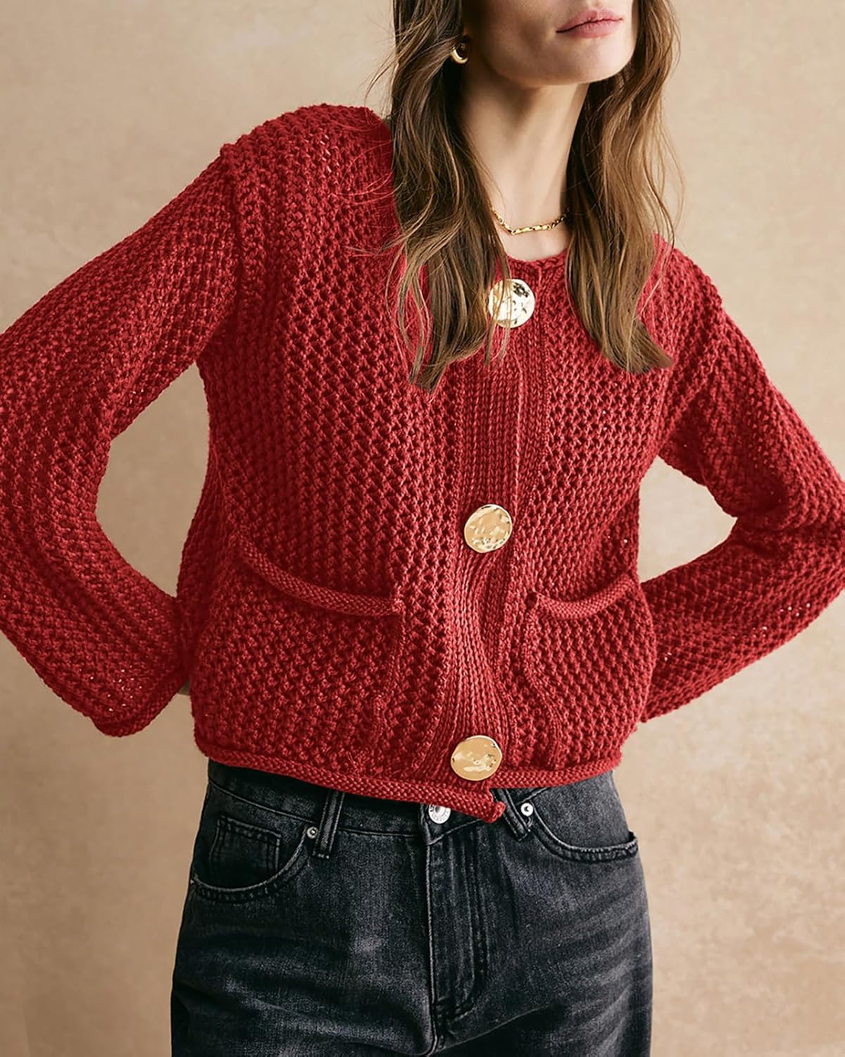 Balimtoy Womens Chunky Cropped Cardigan Long Sleeve Open Front Button Down Loose Cardigan Fall Outerwear with Pockets - Image 4