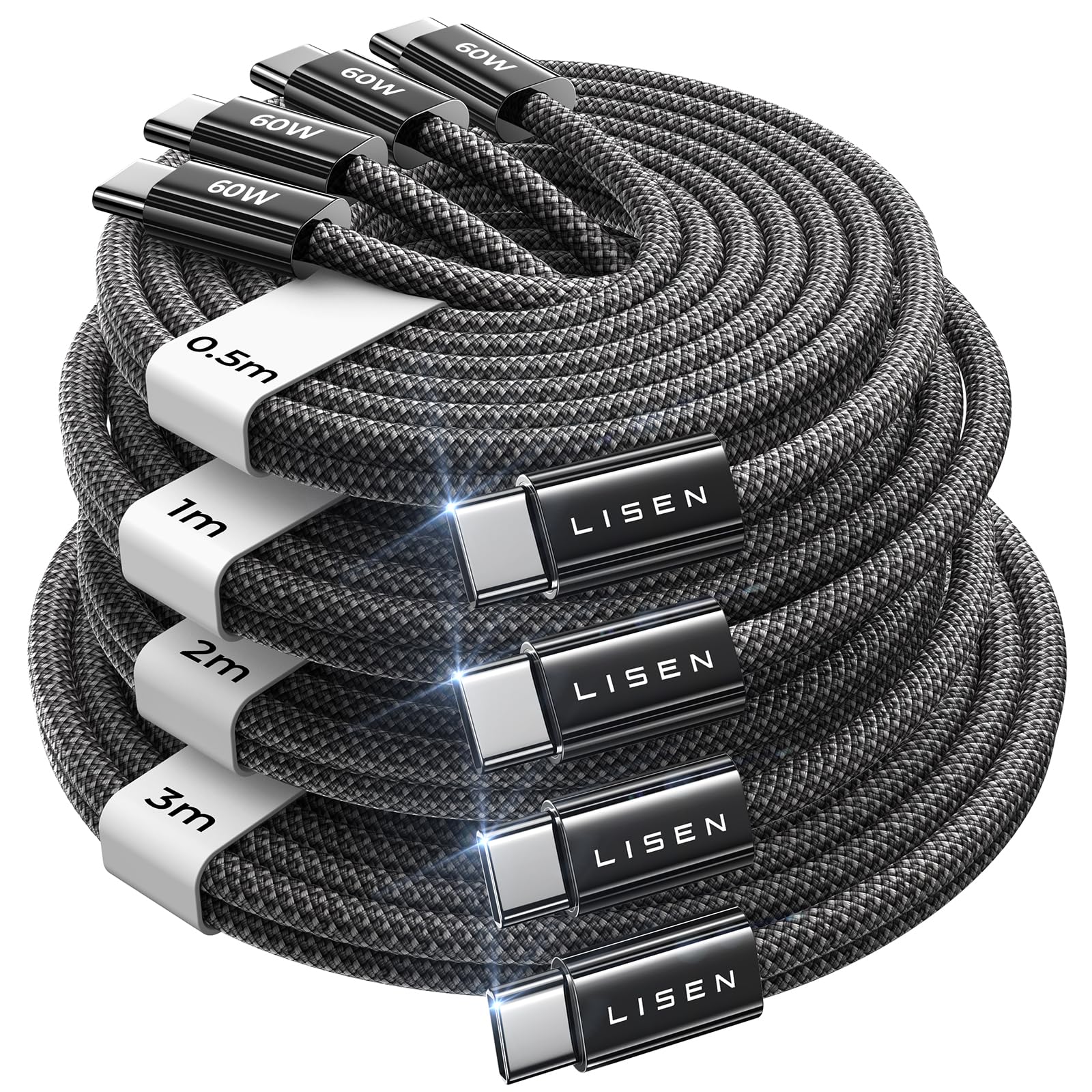 LISEN 60W USB C Kabel 3M [4er Pack, 0,5M 1M 2M 3M] iPad Ladekabel USB C, PD 3.0 Schnellladekabel USB C Ladekabel für ipad, iPhone 16 Pro Max Plus, SamSung Galaxy, MacBook Air, Tab, Mi, Xiaomi, OnePlus