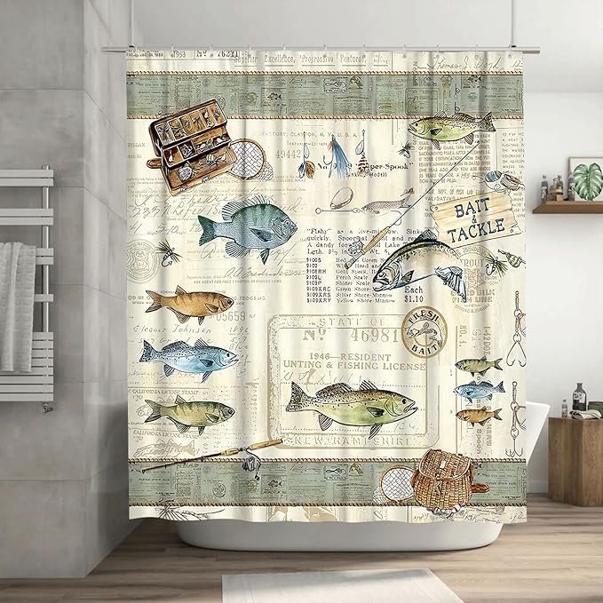 Tourrest Farmhouse Fishing Shower Curtain Cabin Fish