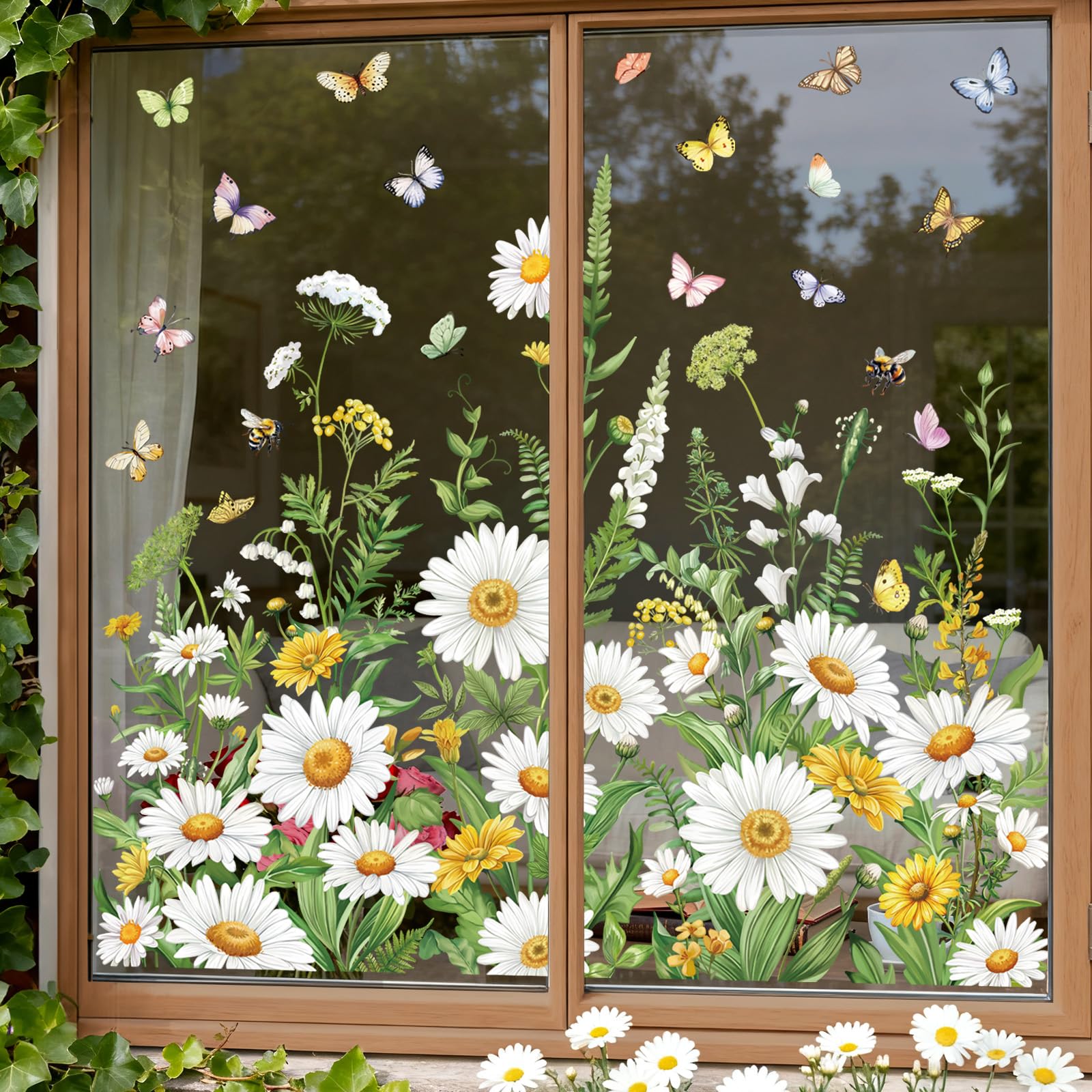 wondever Yellow White Daisy Window Clings Spring Summer Wildflower Grass Butterflies Glass Sticker Decal Anti Collision Double-Side Static Window Stickers for Home Glass
