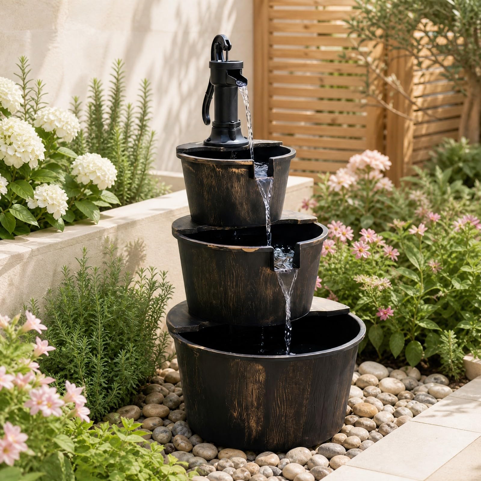 HOMASIS Fontana Decorativa da Giardino a 3 Livelli con Pompa Silenziosa | Fontanella a Cascata da Esterno in Stile Rustico con Velocità Regolabile per Balcone e Terrazza, Bronzo Antico, 52x60x92,5 cm