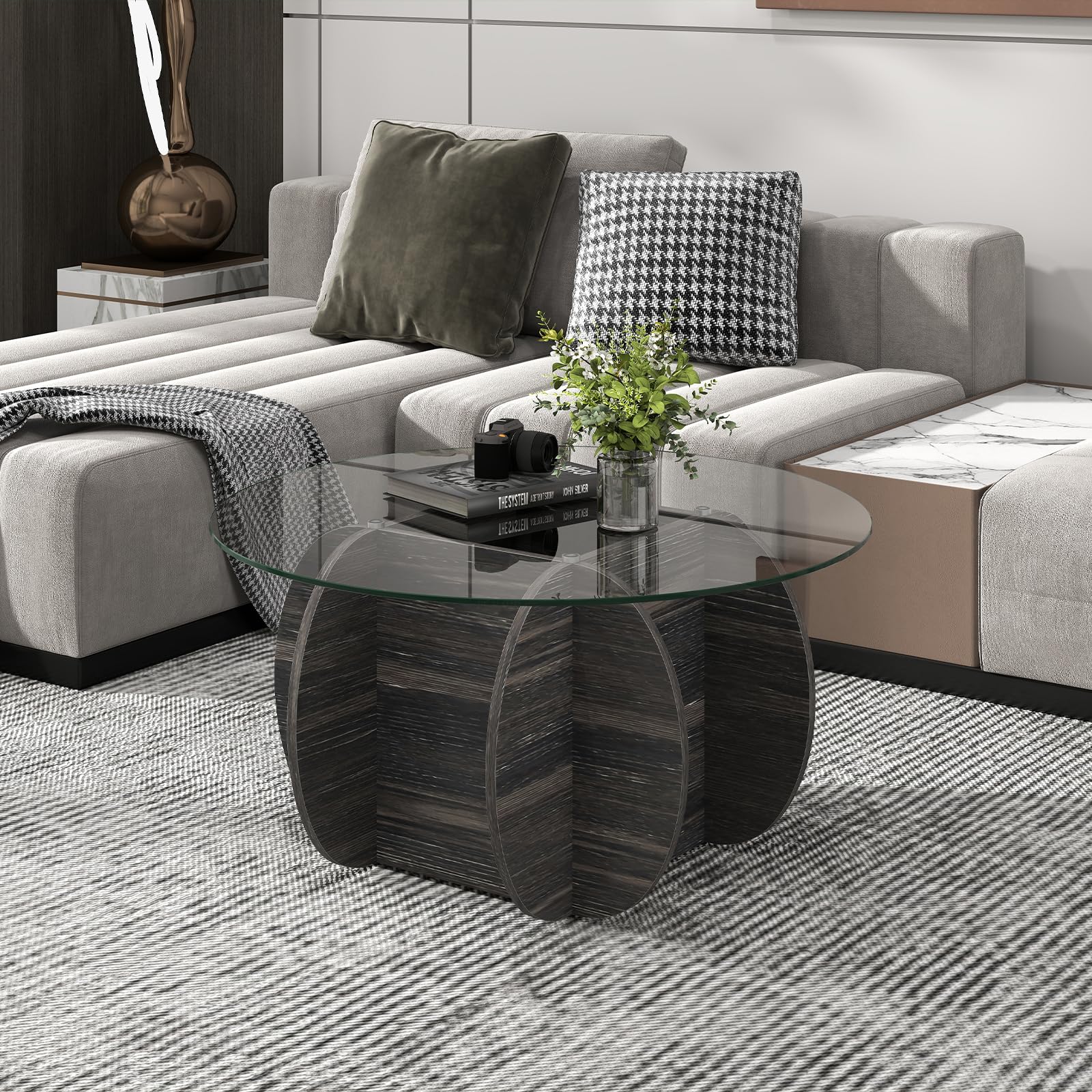 LIFEZEAL Runder Couchtisch Glas, Wohnzimmertisch mit Glasplatte, Moderner Beistelltisch mit Holzbeinen, Dekorativer Sofatisch für kleine Räume, Büro, Zuhause (Schwarz, 89 x 46 cm)