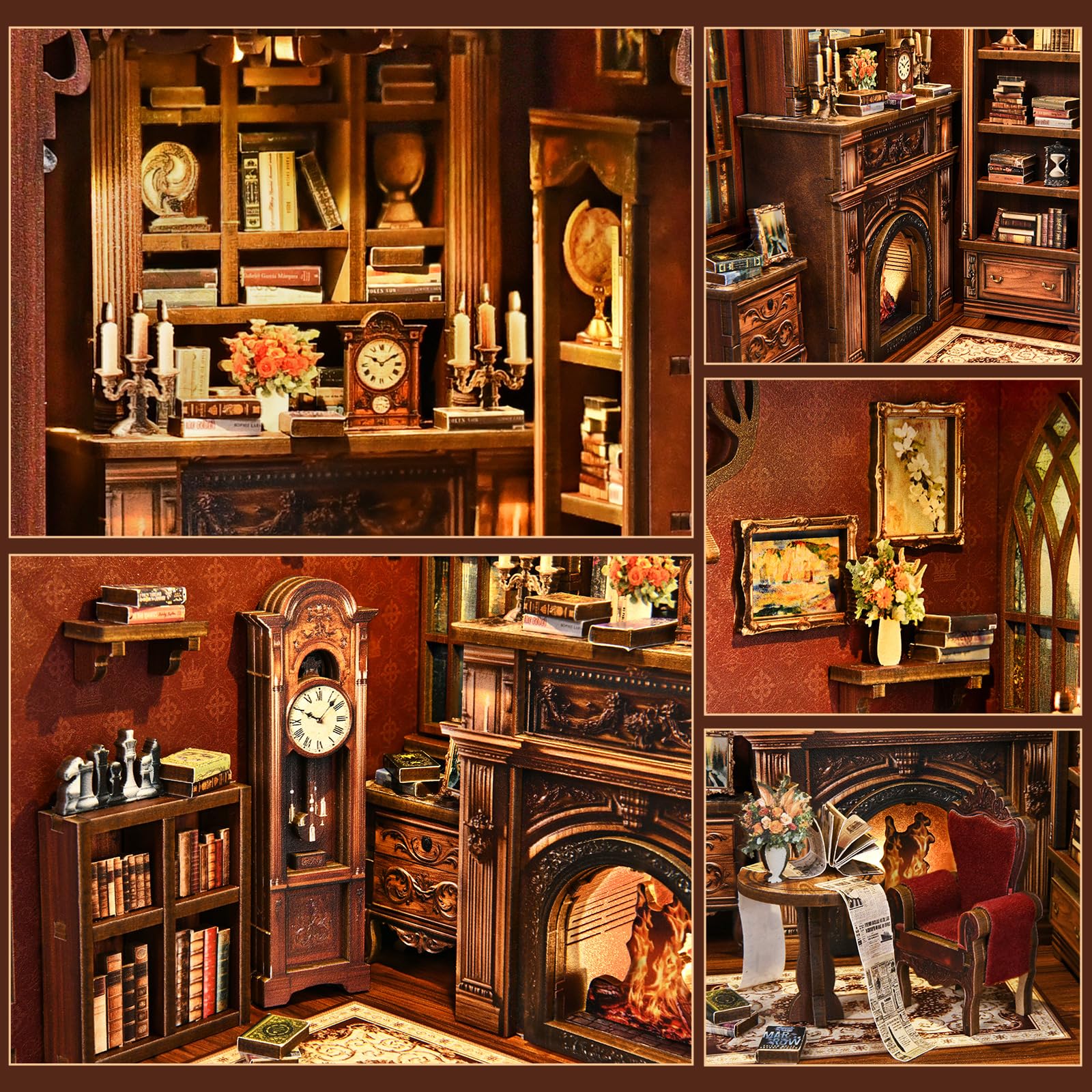 Book Nook,Sagiterra Dollhouse Kit,DIY Miniature Kit for Adults and Teens,3D Wooden Book Shelf Decoration for Family and Friends,Bookshelf Decor in Halloween/Christmas (Brown) - Image 2