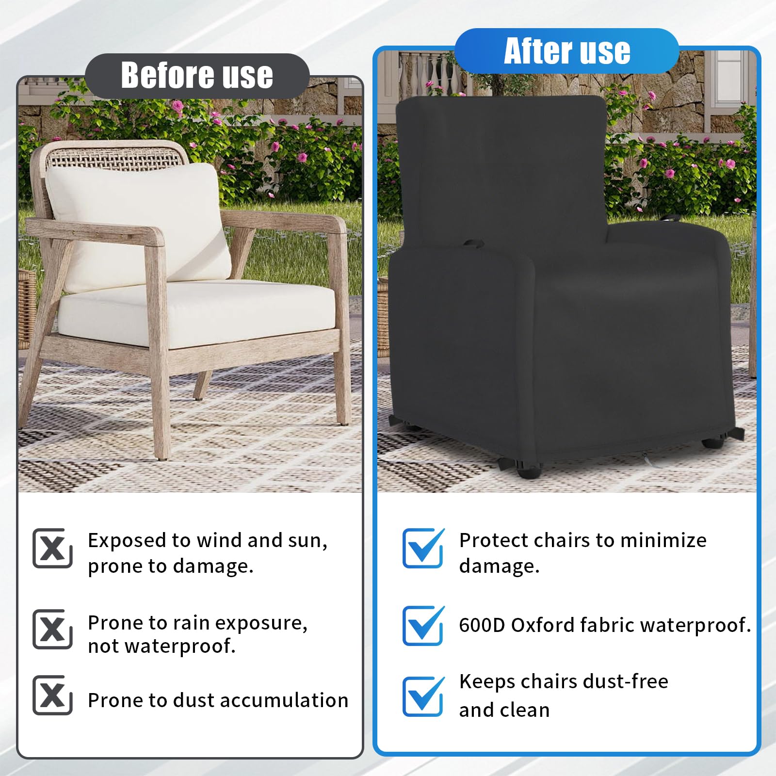 Copertura per sedia da giardino, 600 denari, resistente, impermeabile, anti-UV, antivento, con fibbie, per mobili da giardino con manici, per poltrone, sedie reclinabili e impilabili, 80 x 79 x 104 cm