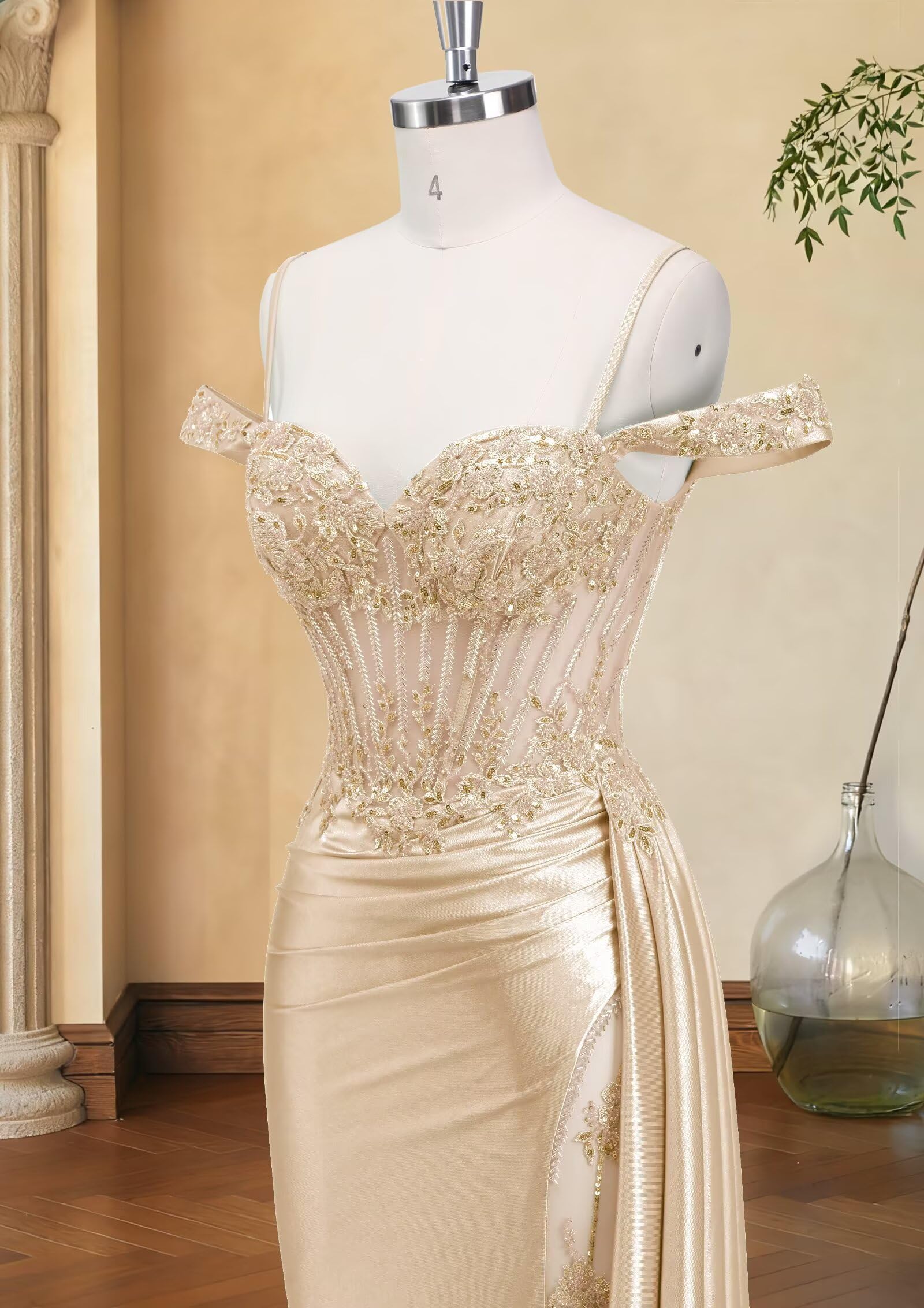Schulterfreie Satin Ballkleider Damen Lang,Meerjungfrau Spitzen Abendkleider mit Schleppe Spaghettiträger Perlen Ballkleid mit Schlitz