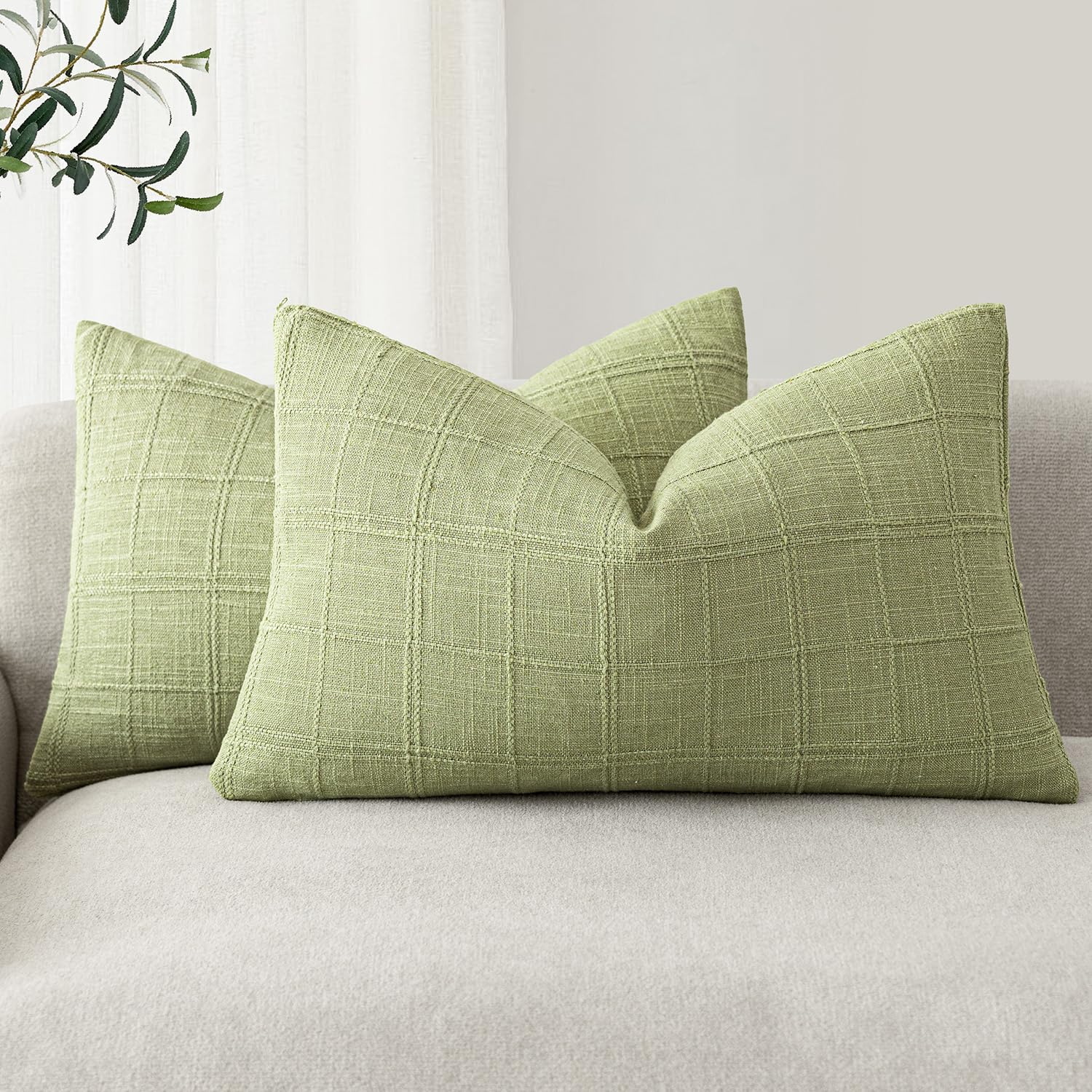 Foindtower Textured Linen Check Lumbar Throw Pillow Cover 12×20 Light Green