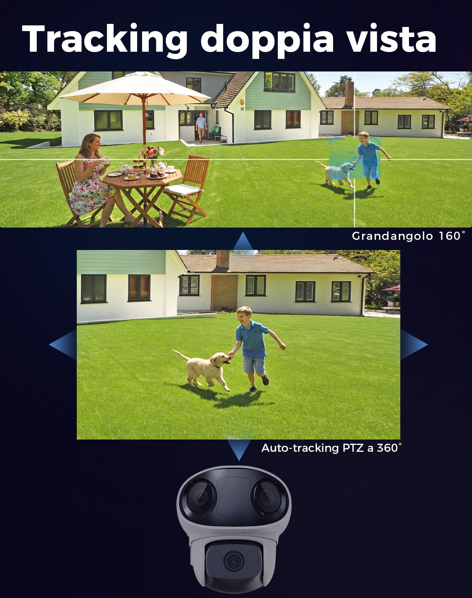 virtavo TL1 Telecamera Wi-Fi Esterno, Tripla Lente con Panorama 160° + PTZ 360°, Visione Notturna a Colori Starlight, Rilevamento AI Avanzato, Audio Bidirezionale, IP66, Senza Abbonamento Obbligatorio
