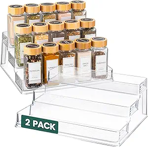 Oizeir Clear Spice Rack (2-Pack) – 3-Tier Acrylic Organizer for Cabinet – Deep Spice Shelf – 10.4 x 9.6 x 4 Inches – Holds Seasoning and Condiments