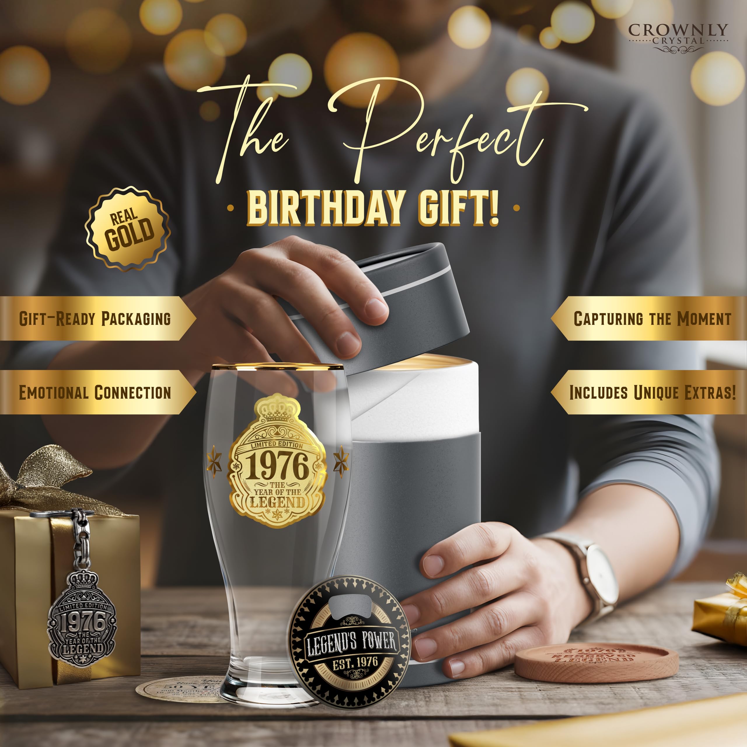 CROWNLY CRYSTAL® 1976 Regalo 50 Anni Uomo Bicchieri Birra 570 ml Personalizzati Compleanno Decorazioni Regali Per Lui Amica