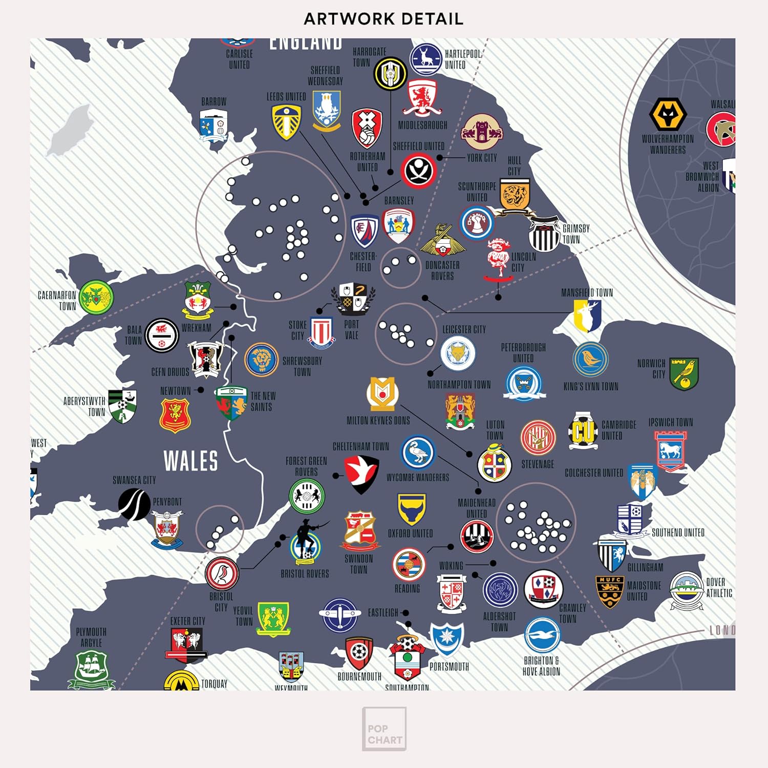 Pop Chart | Football Clubs of the United Kingdom | 16" x 20" Art Poster | 100+ Soccer Clubs from England, Scotland, and Wales on One Map | Wall Decor | 100% Made in the US