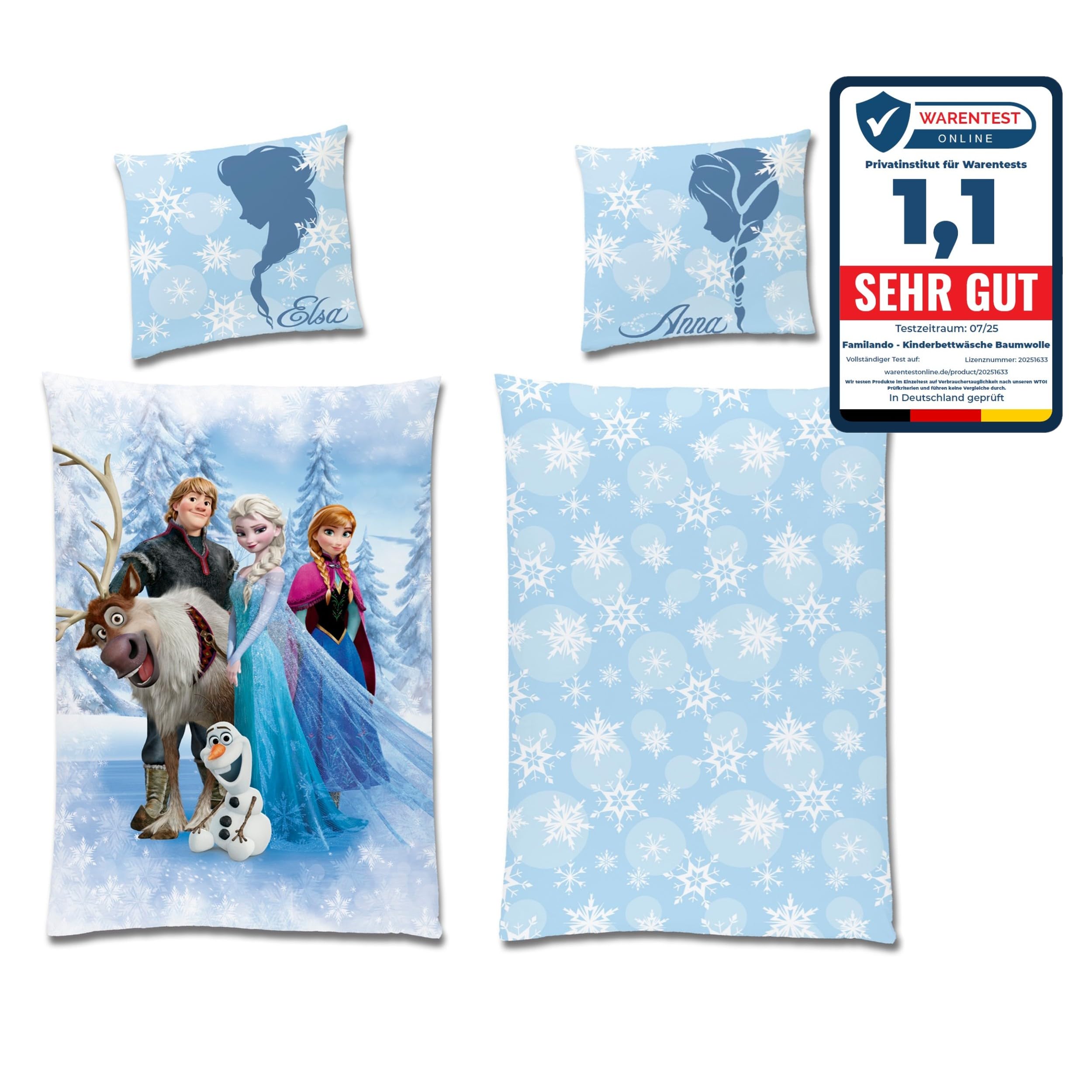 Familando – Frozen Anna, ELSA, Sven & Olaf Bettwäsche-Set (2-teilig) – Decken- & Kissenbezug 135x200 cm & 80x80 cm mit Reißverschluss – Renforcé – Atmungsaktiv & hautfreundlich – Öko-TEX Zertifiziert