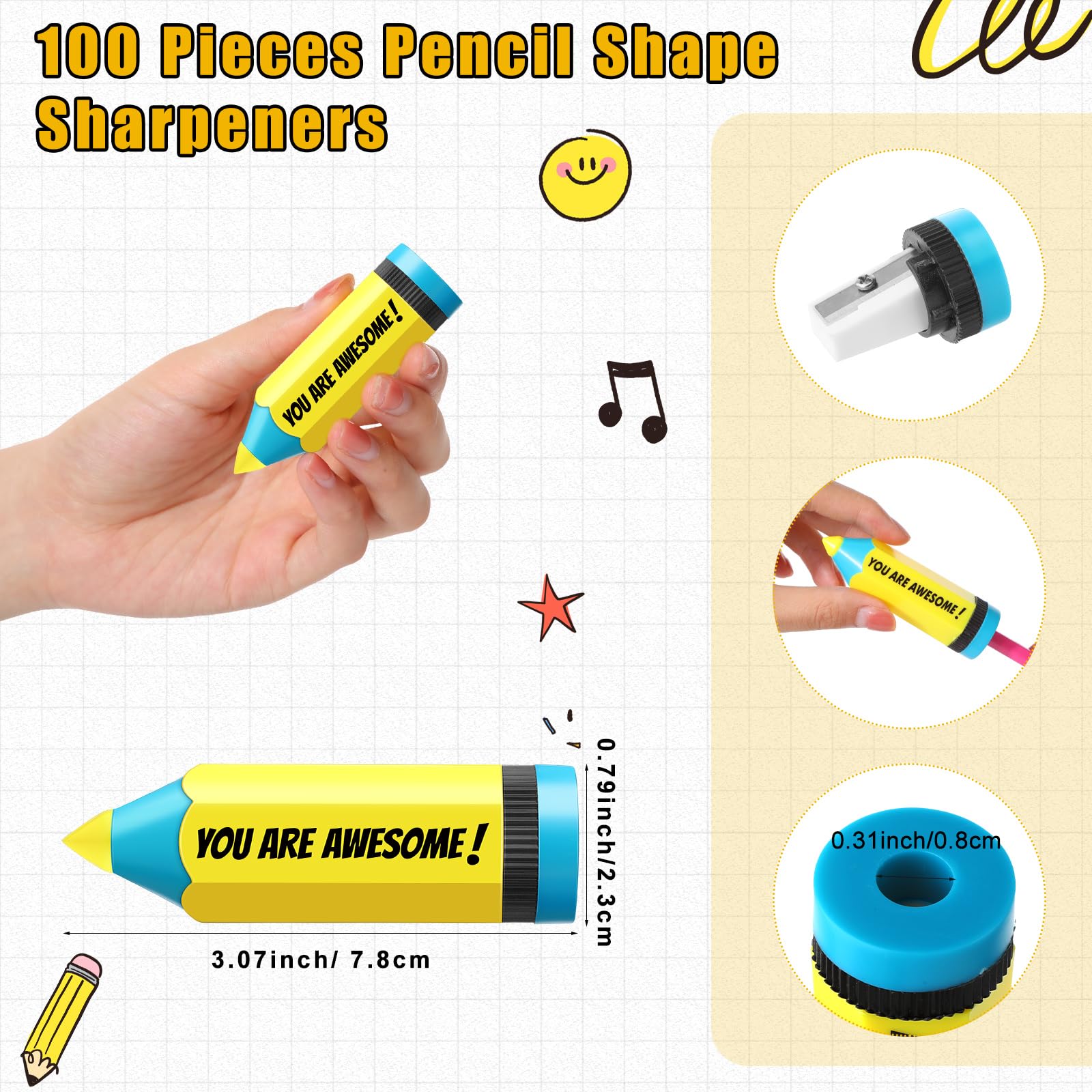 Ctosree 100 Pcs Pencils Shaped Pencil Sharpeners Manual Bulk Colored Pencil Sharpener for Kids Motivational Portable Pencil Sharpener with Lid You are Awesome Gift for Office Back to School Supplies