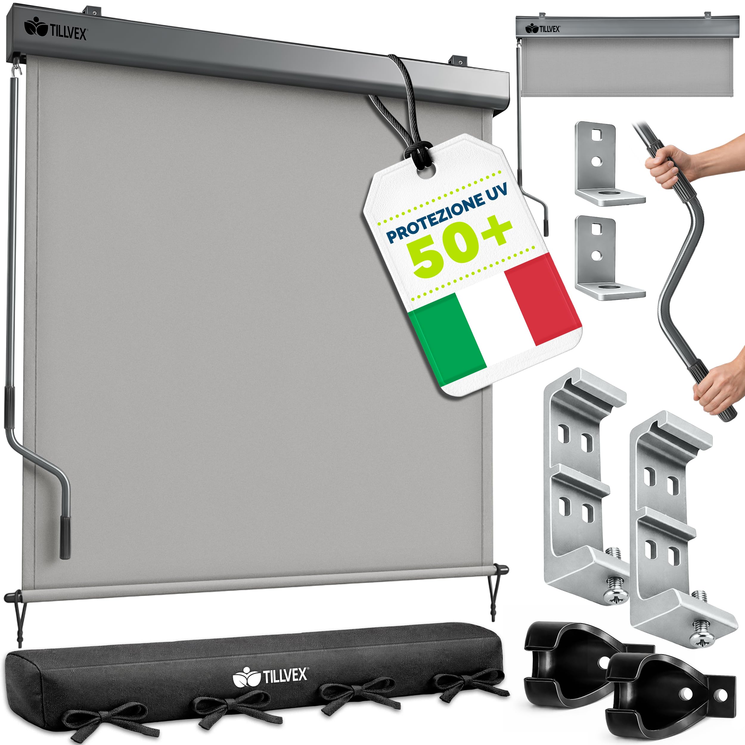 Tillvex Tenda da sole verticale 200 x 250 cm impermeabile con manovola in alluminio per balcone terrazza giardino