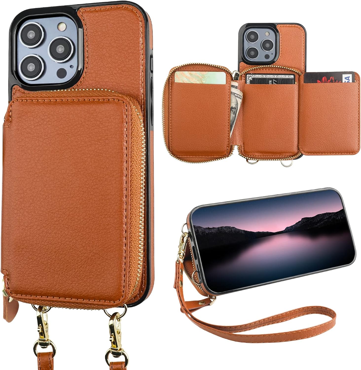 Bocasal RFID Blocking Wallet Case for iPhone 14 Pro, Adjustable Crossbody Zipper Purse Case Card Holder with Kickstand Detachable Wrist Strap, PU Leather Flip Folio Case 6.1 Inch 5G (Brown)