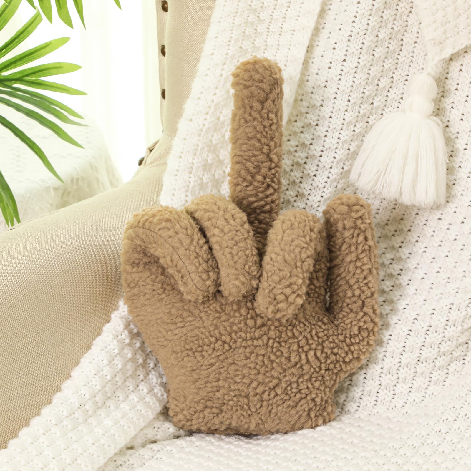 Menkxi Small Middle Finger Decorative Pillow 13.78 x 9.84 in Funny Shaped Sherpa Fleece Throw Pillow Warm Soft Emoticon Cushion Middle Finger Decor for Couch Gag Gift(Light Brown)