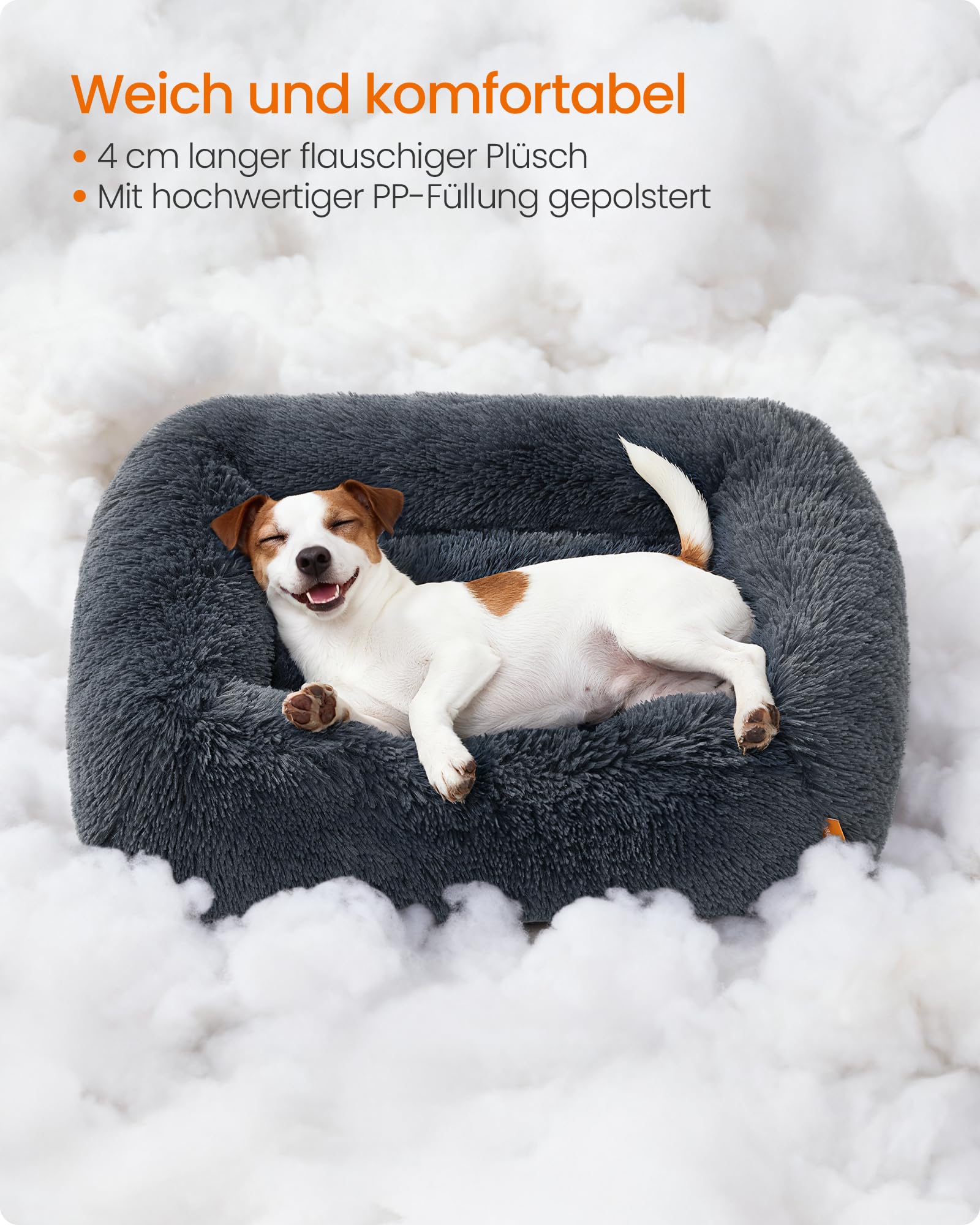 Feandrea Hundebett, mittelgroßes Hundekissen, 71 x 55 x 18 cm, Hundekorb, weiche Polsterung, Hundesofa, erhöhte Ränder, Bezug abnehmbar und waschbar, rutschfest, Dunkelgrau PGW271GR01