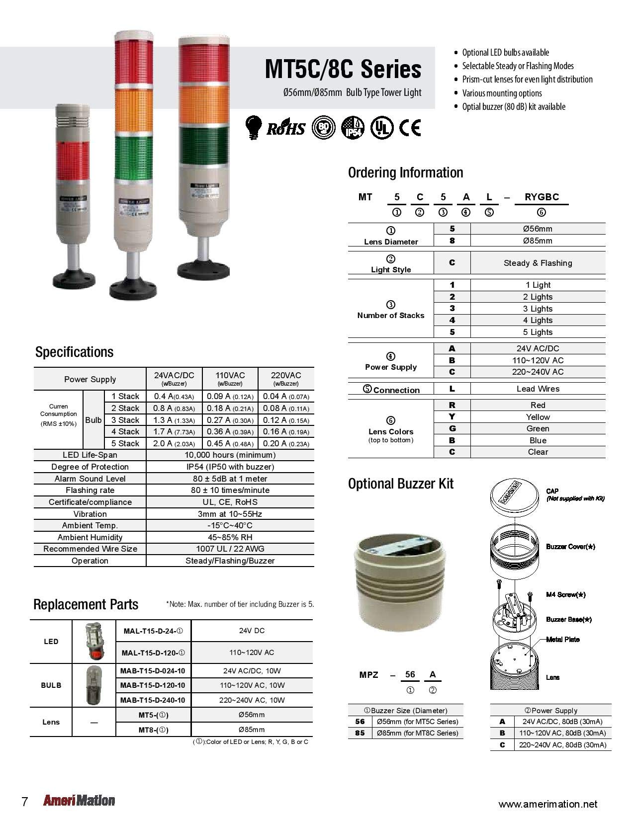 MENICS MT5C1AL-R, Stack Tower Light, 56mm Red Color 1 Stack, Steady/Flash, Pole mounting Beige Body, 25