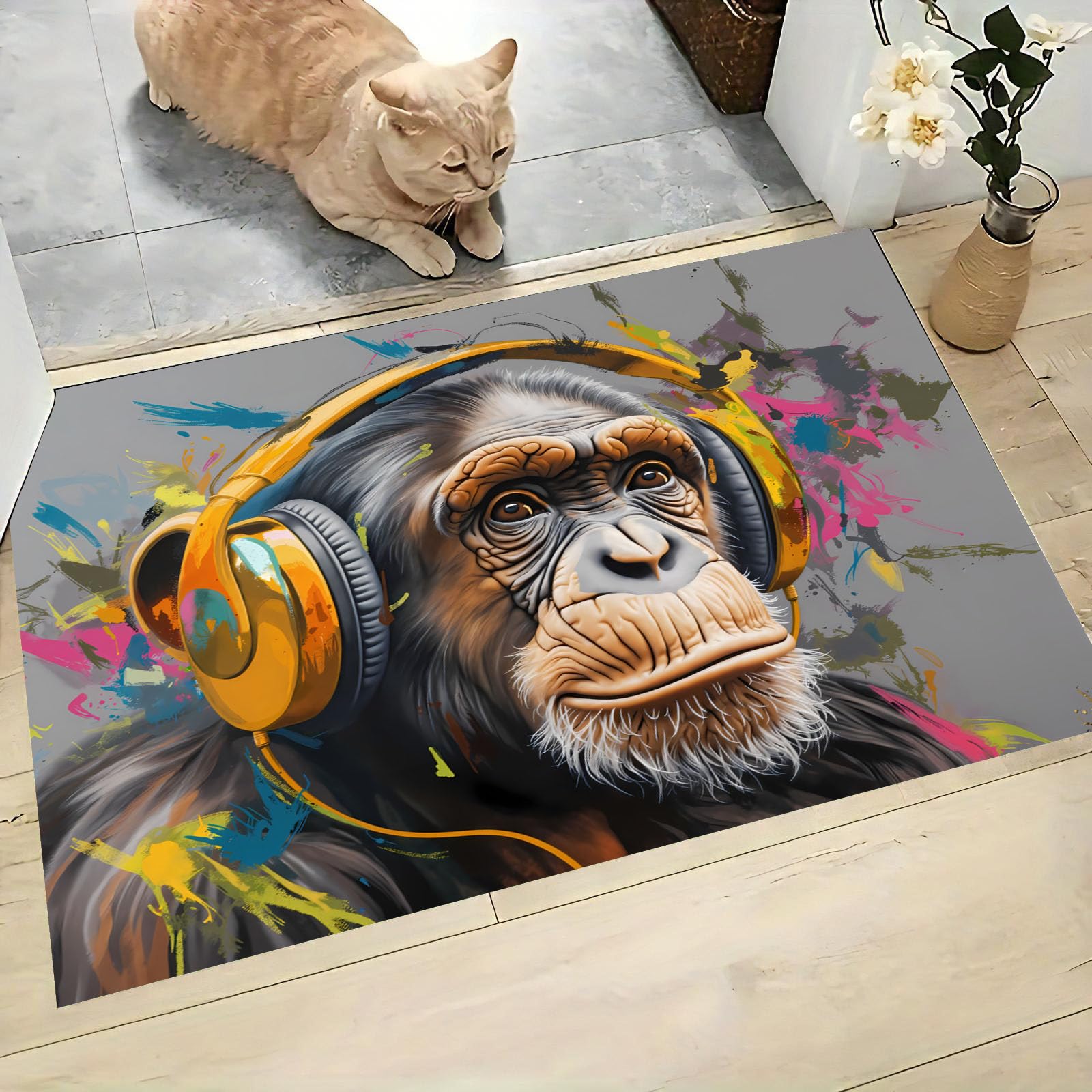 Tapis de style graffiti tendance pour entrée moderne avec motif gorille brun 80x120cm