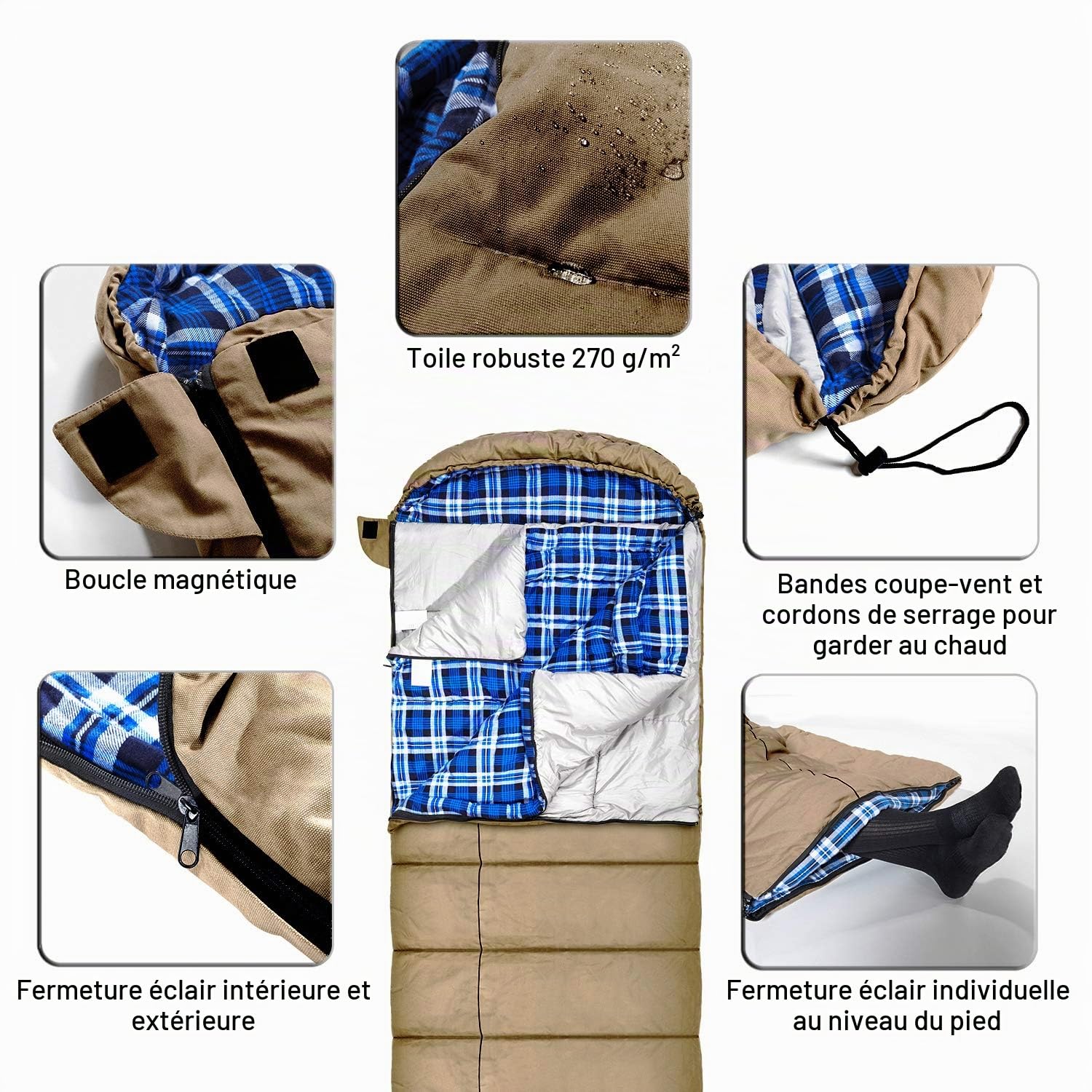 Sac de couchage d'hiver en toile 0 degrés pour la pêche, la chasse, les voyages et le camping, en particulier en hiver froid en plein air avec doublure en flanelle amovible et sac de compression