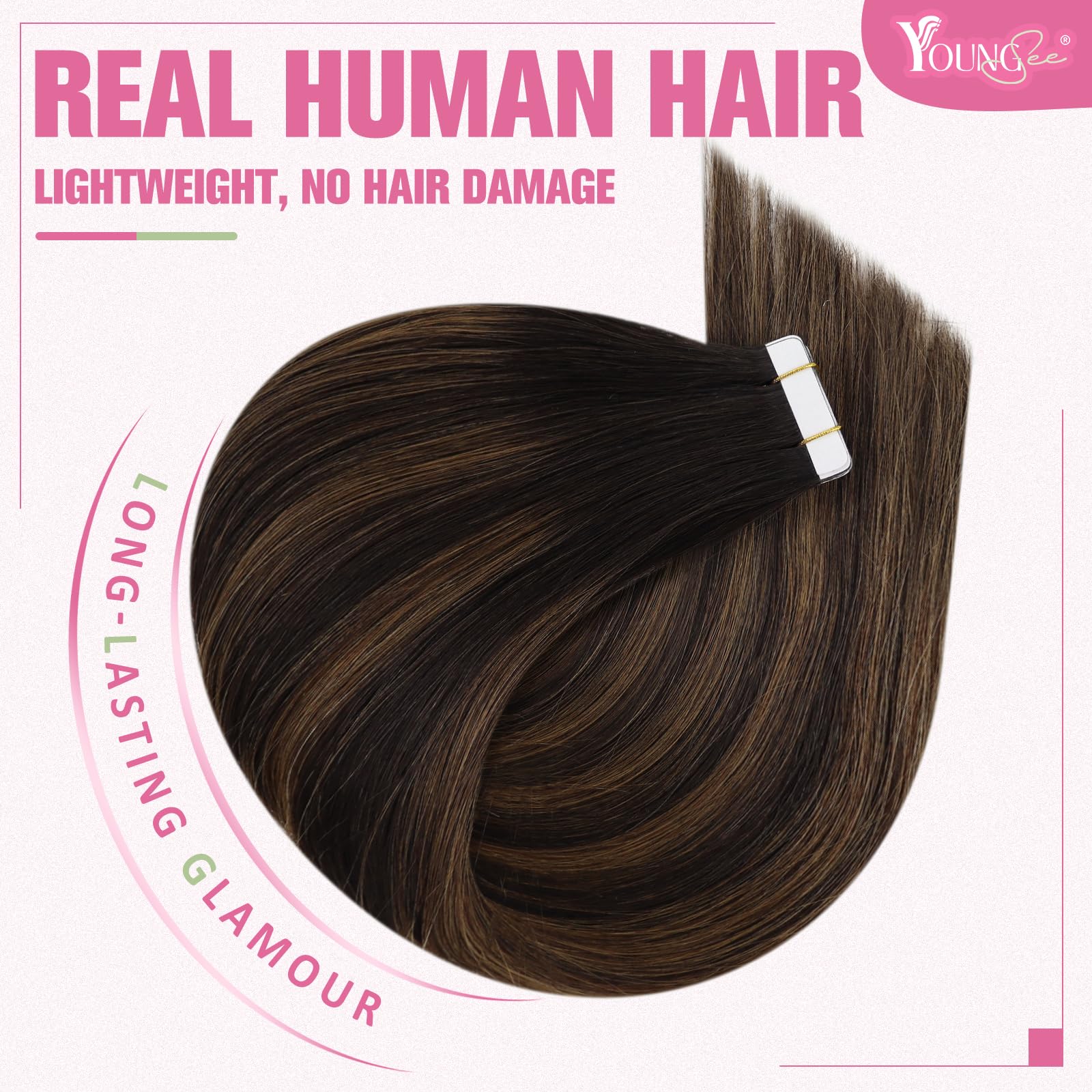 YoungSee Tape in Hair Extensions Human Hair Dark Brown Ombre Medium Brown - Image 2