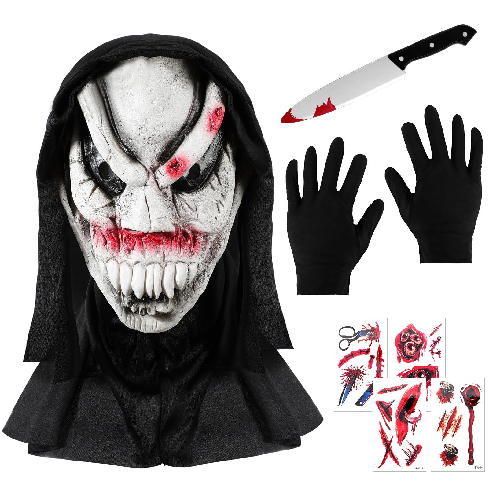 Terrifier Mascara Ghost Disfraz Caretas Halloween Mascaras de Terror de Latex, Guantes Negros y Cuchillo de Plástico Ensangrentado Tatuajes Temporales Heridas, Disfraz Halloween Hombre Adulto Mujer
