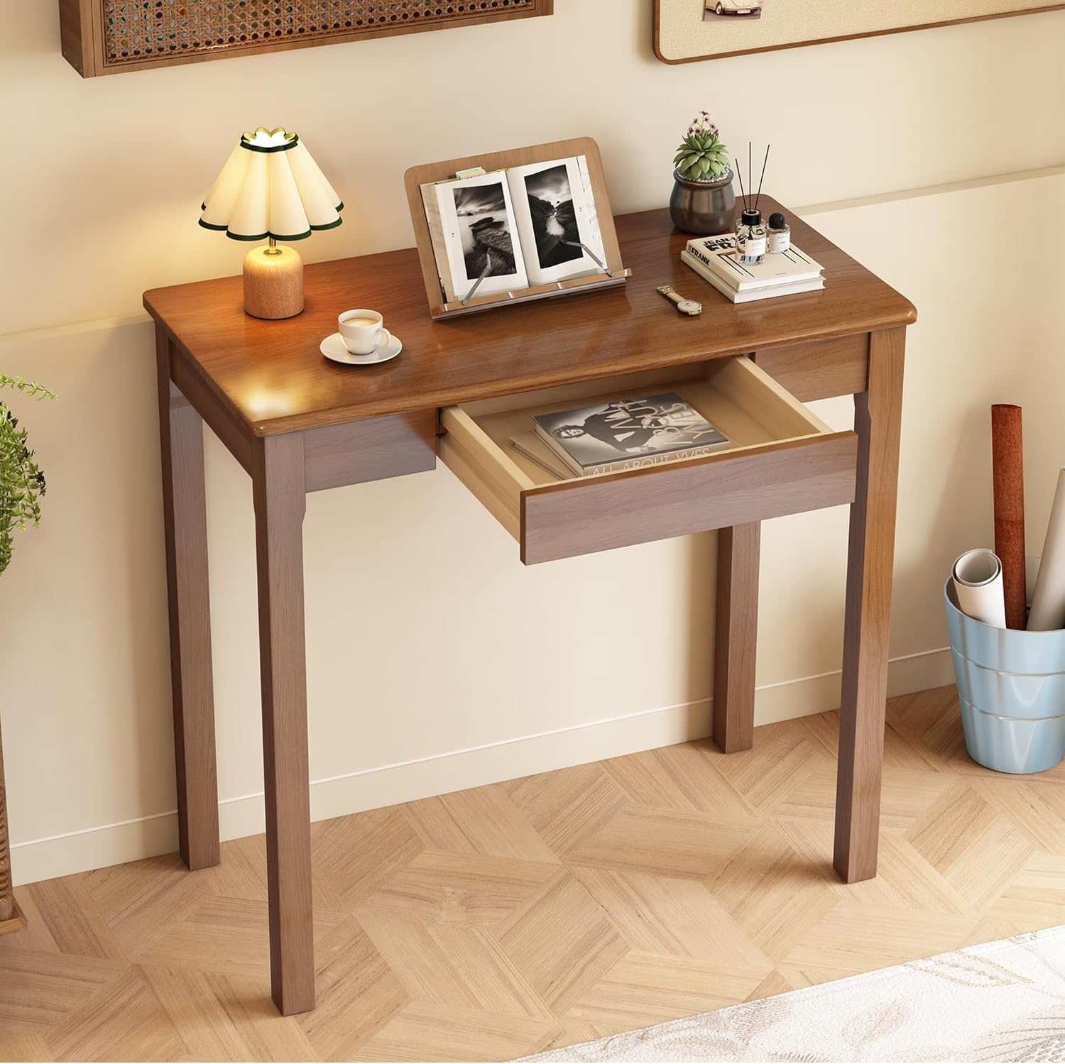 Solid Wooden Desk with Drawers - 32 x 16 Inch Vintage Narrow Desks, Rubberwood Mid Century Modern Desks, Small Writing Desk for Bedroom|Small Spaces - Walnut Color 31.5 in W x 15.7 in D Walnut
