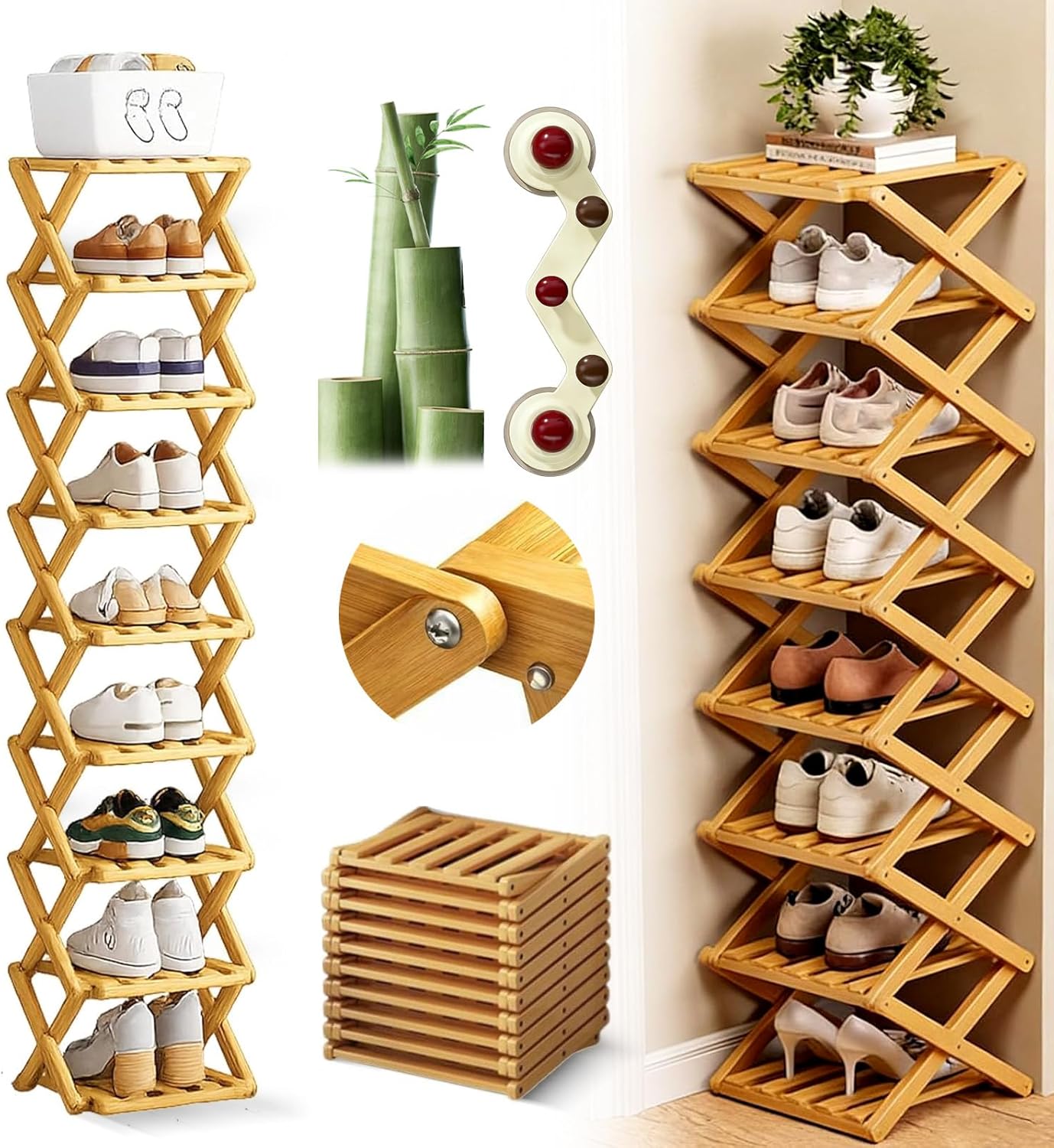 Bamboo Shoe Rack - No Assembly Required, 2026 Upgraded Tall Narrow Foldable 9 Tier Shoe Organizer, Space-Saving Vertical Extendable Storage Shelf for Entryways, Corners (Natural, 9 Layers)
