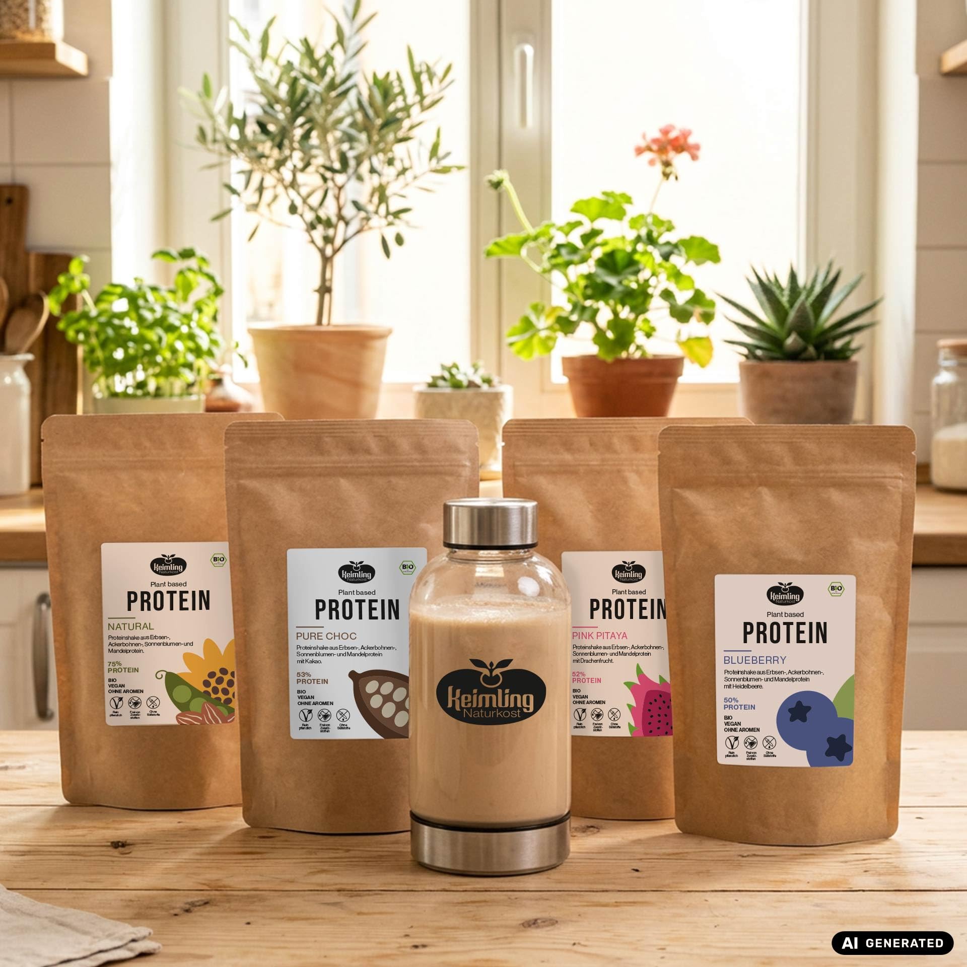 Keimling Bio Vegan Proteinshake Mix Bundle 2000 g – 4 vegane Proteinpulver Natural, Blueberry, Pink Pitaya & Pure Choc – pflanzliches Eiweiß in Bio-Qualität inkl. Glasshaker