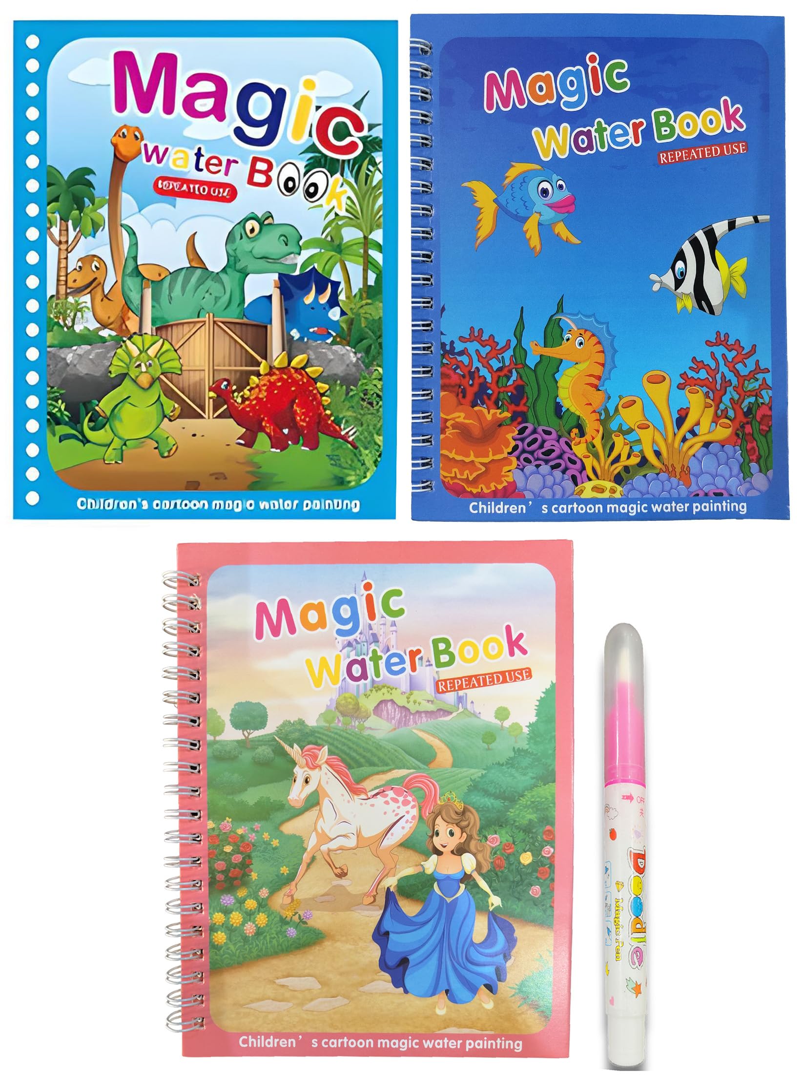 GLUN® Water Magic Books for Children, Different Themes with Self Drying Water Pen for Kids Fun with Learning Including 1 Marker, 3 to 5 Age Group (Pack of 3)