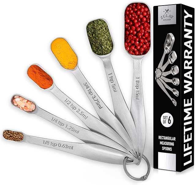 Heavy Duty Stainless Steel Measuring Spoons with Slim Design for Narrow Spice Jars, 6 Piece Measuring Spoons Stainless Steel with Etched Markings & Removable Clasp, Teaspoon Measuring Spoon, by Zulay