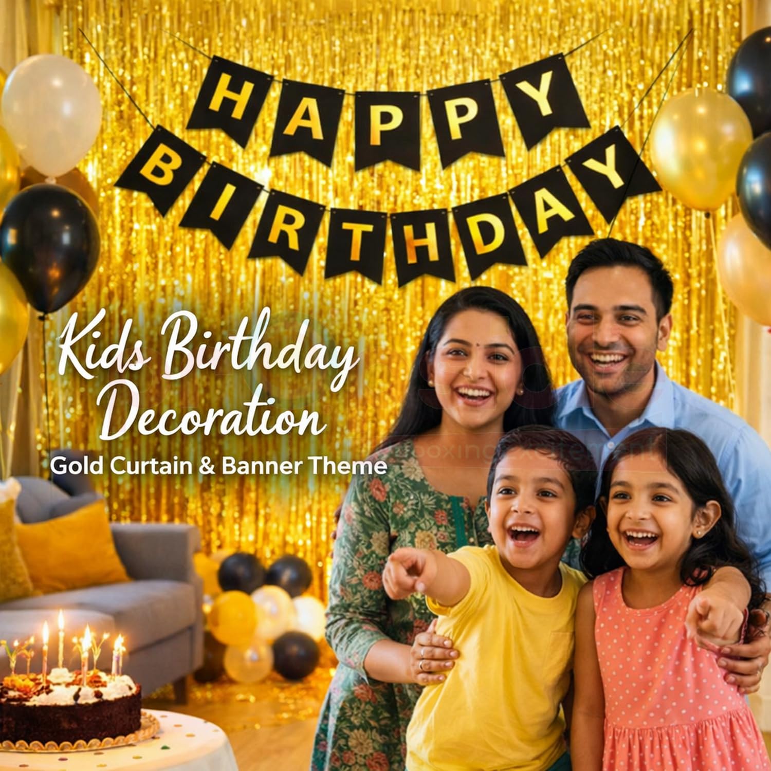 Propsicle Golden Foil Curtains with Black Happy Birthday Banner, Pack of 3 2