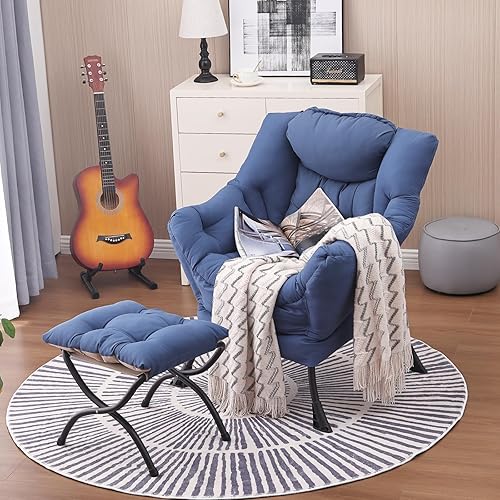 Miniatura 5 de Silla Lazy y otomana, silla de descanso grande con reposabrazos y un bolsillo lateral, moderno sofá tapizado de ocio con reposapiés para dormitorio,