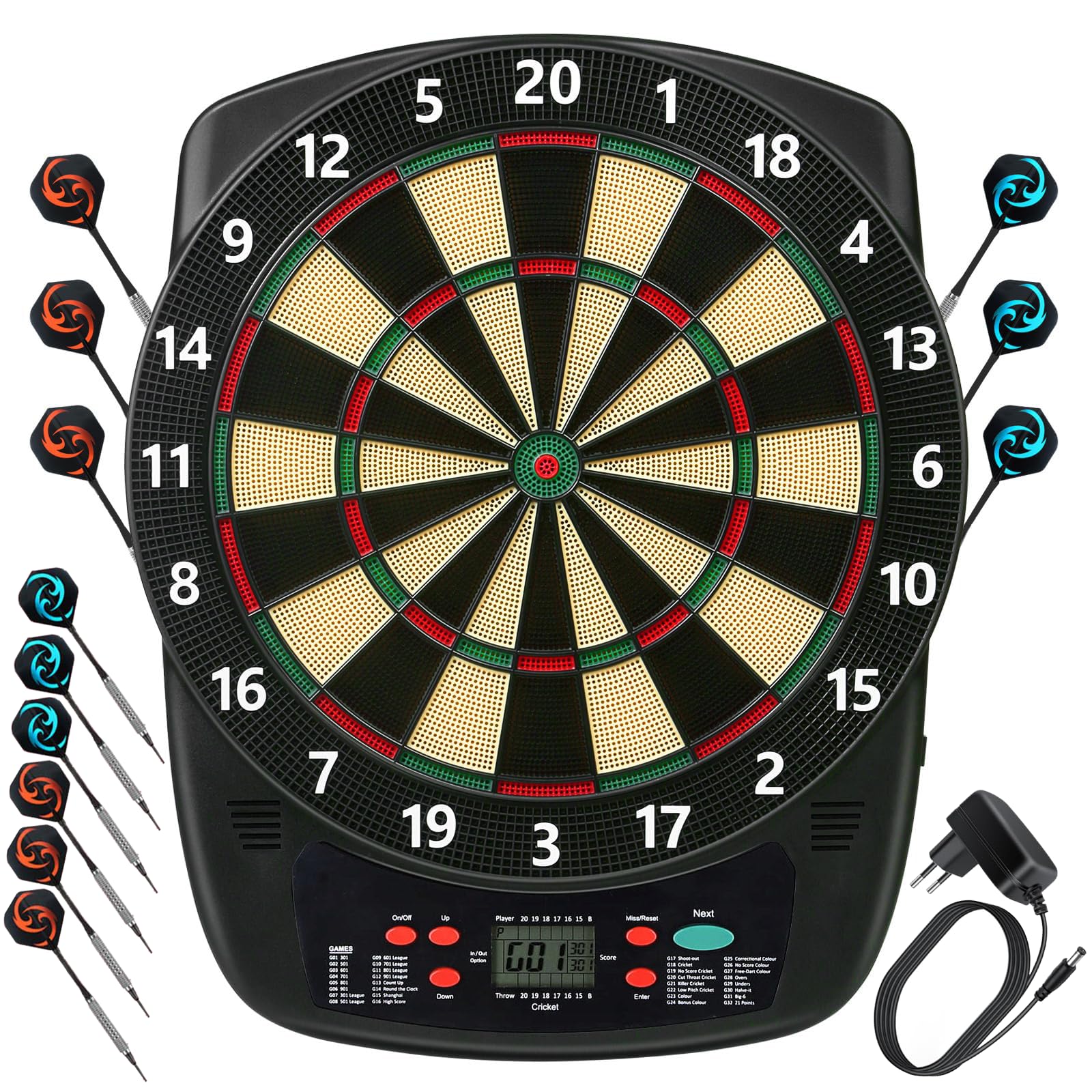 Cible de fléchettes électrique électronique avec annonces vocales, Affichage LCD, 6 fléchettes, 32 Jeux 590 Options de Jeu, Jeu Professionnel pour la Maison, Les fêtes, Le Jardin, Le Bar, 1 à 8