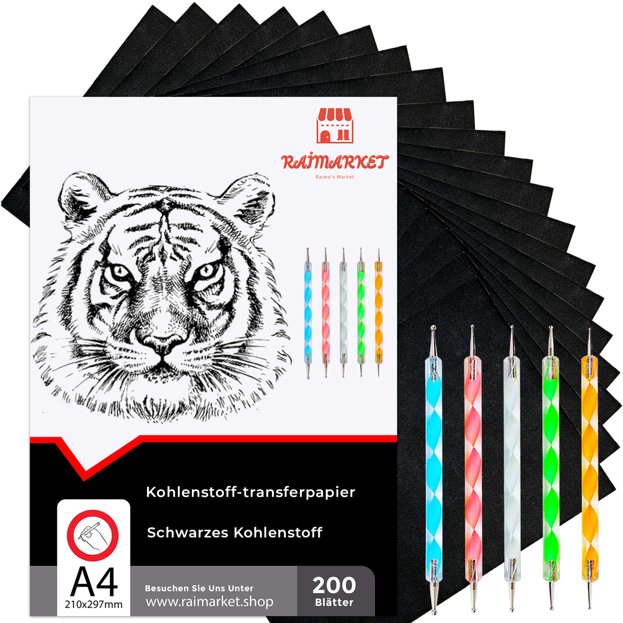 Raimarket 200 Blätter Schwarzes Kohlepapier, Transferpapier | Zeichnen von Entwürfen mit pauspapier | Premium-Qualität Graphitpapier