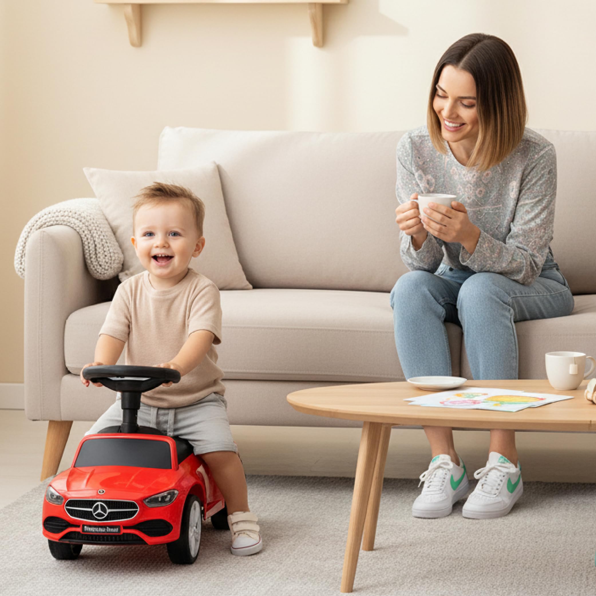 sun baby Macchinina Cavalcabile per Bambini, Macchina a spinta da 12 mesi, volante audio, sedile con schienale, vano portaoggetti sotto il sedile, protezione antiribaltamento (Rosso)