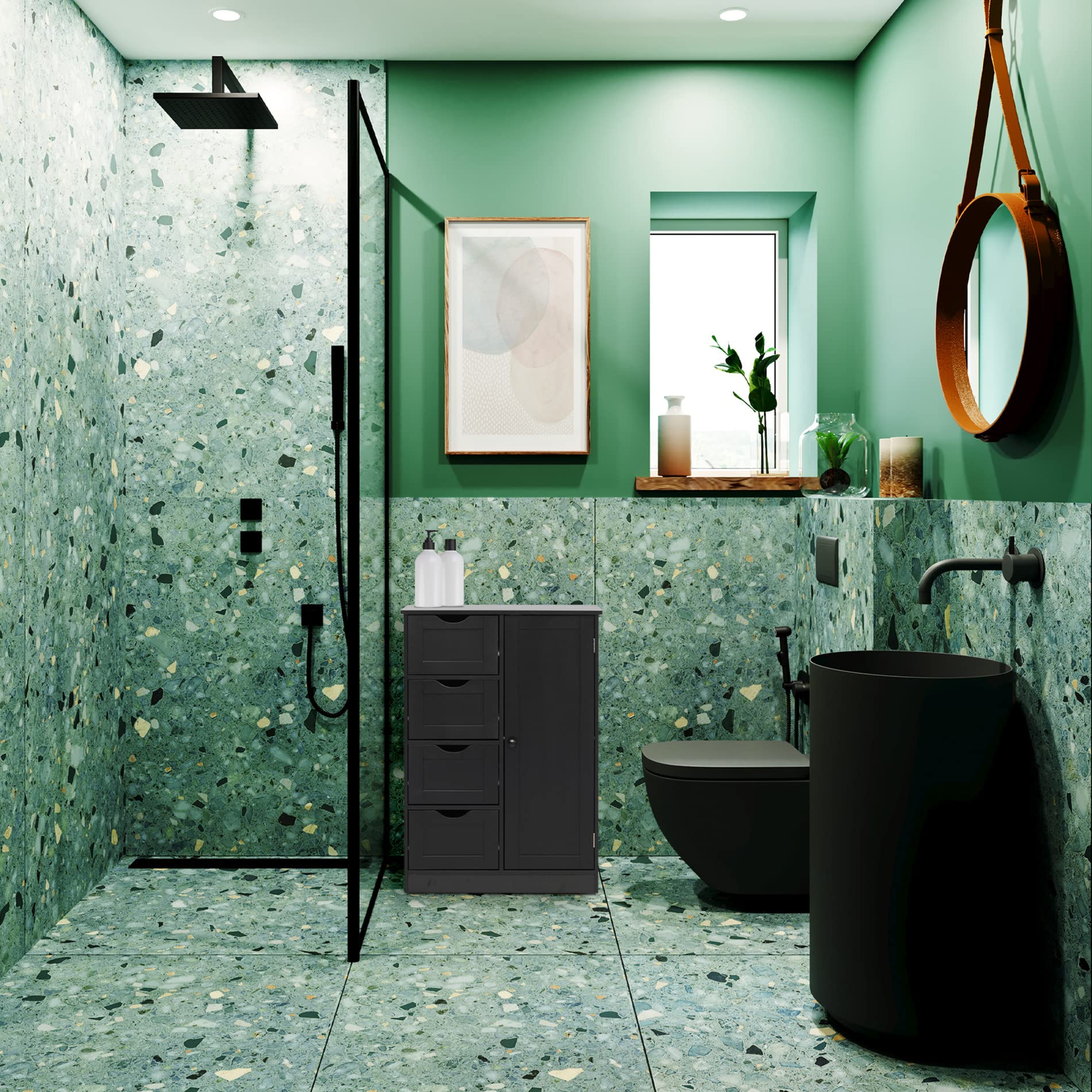 Rebecca Mobili Mobiletto Bagno, Armadietto Da Terra Ingresso, Nero Moderno, 1 Anta 4 Cassetti, Igienico Salvaspazio - Misura HxLxP: 82 x 56 x 30 cm - Art. RE6736