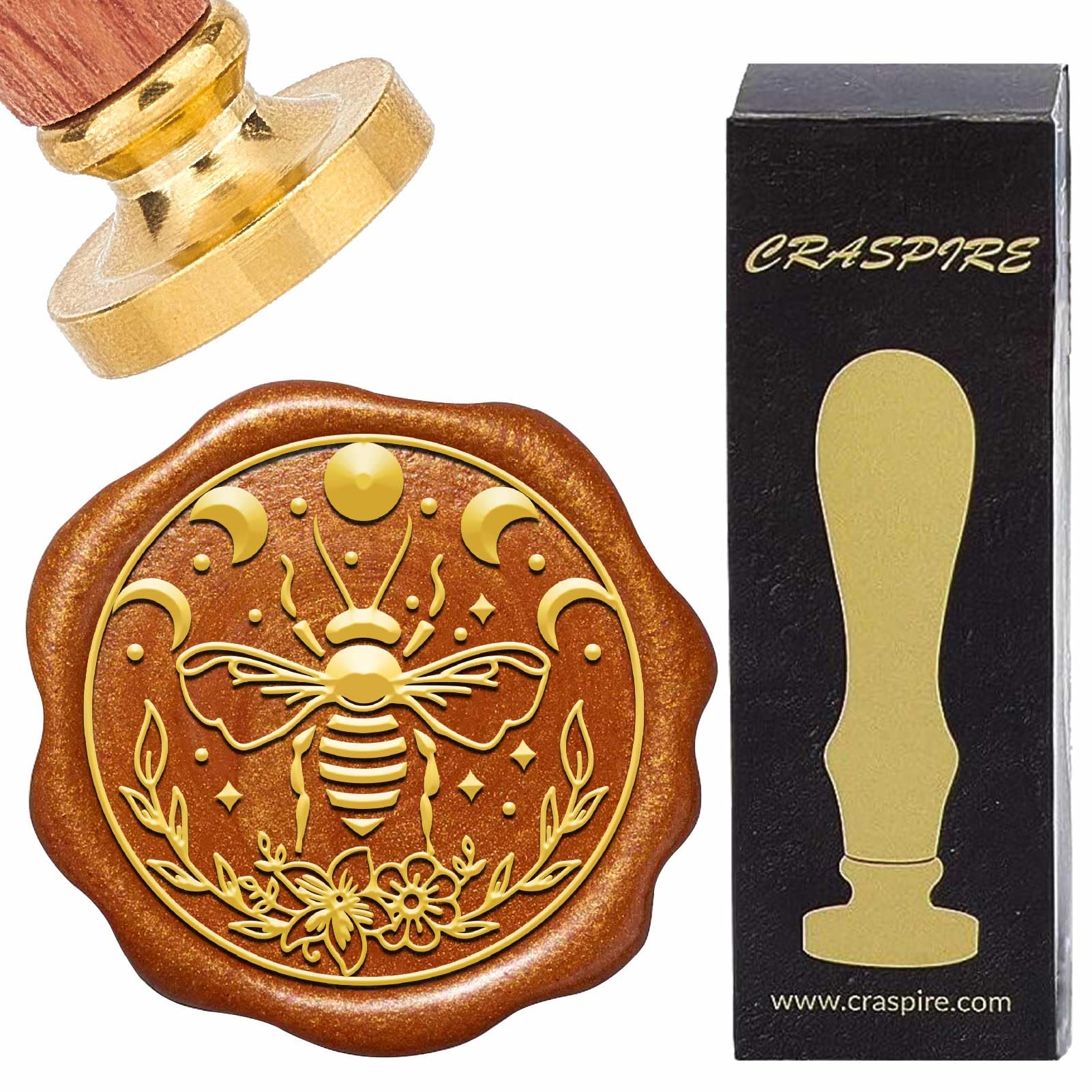 CRASPIRE Bee Sealing Wax Stamp Moon Wax Seal Stamps 25mm Retro Vintage Flower Leaf Removable Golden Brass Stamp Head with Rosewood Handle for Wedding Invitations Scrapbooks Wrap Box DIY Project Decor