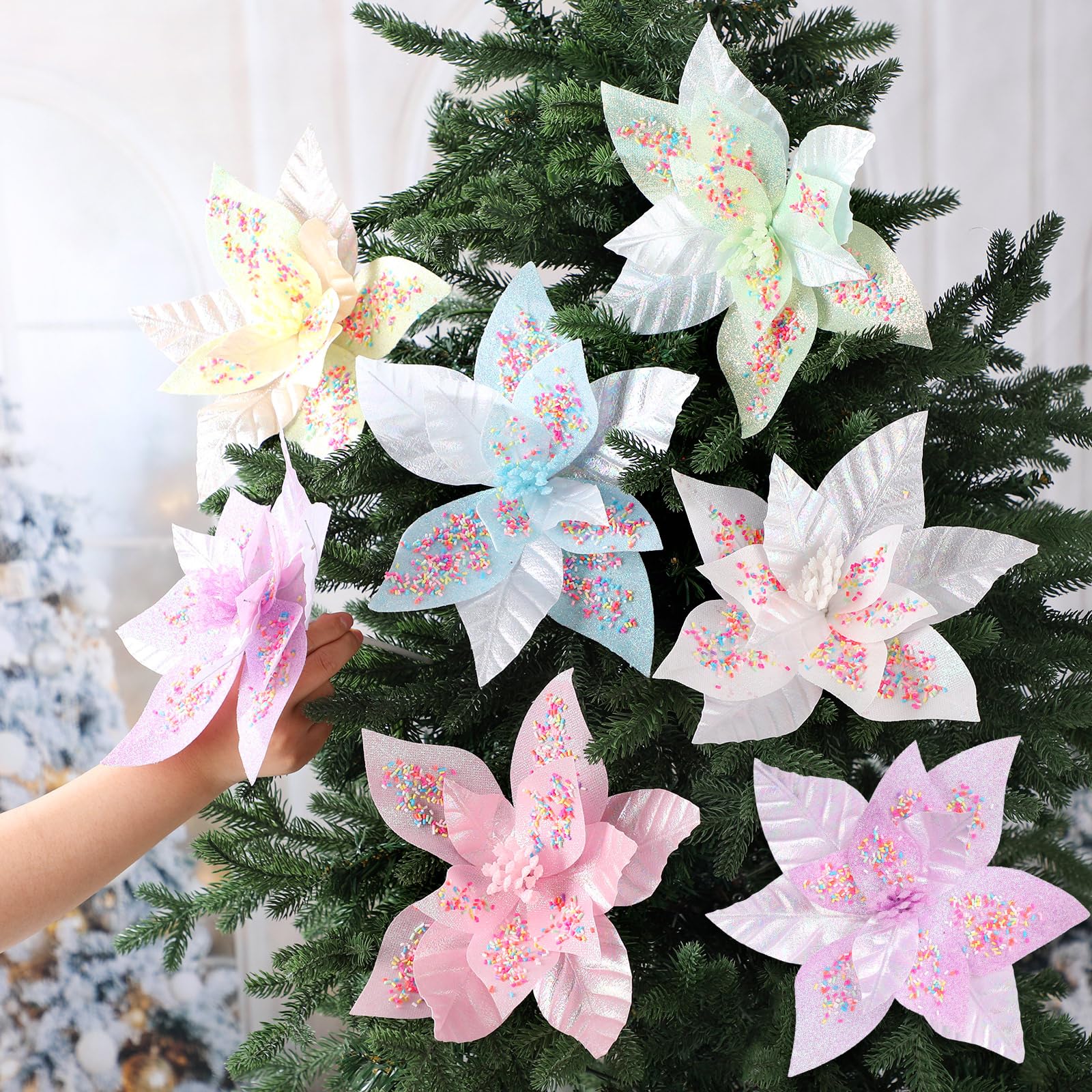 Soulchen Lot de 12 fleurs de poinsettia de Noël artificielles pastel avec tiges de 24 cm pour décoration de sapin de Noël, couronne de Noël, décoration de fête