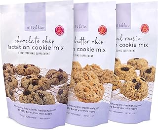 MIlkBliss Lactation Cookie Mix Three Pack of Chocolate Chip, Peanut Butter Chip, and Oatmeal Raisin for Breast Milk Supply Increase- 15 oz bags