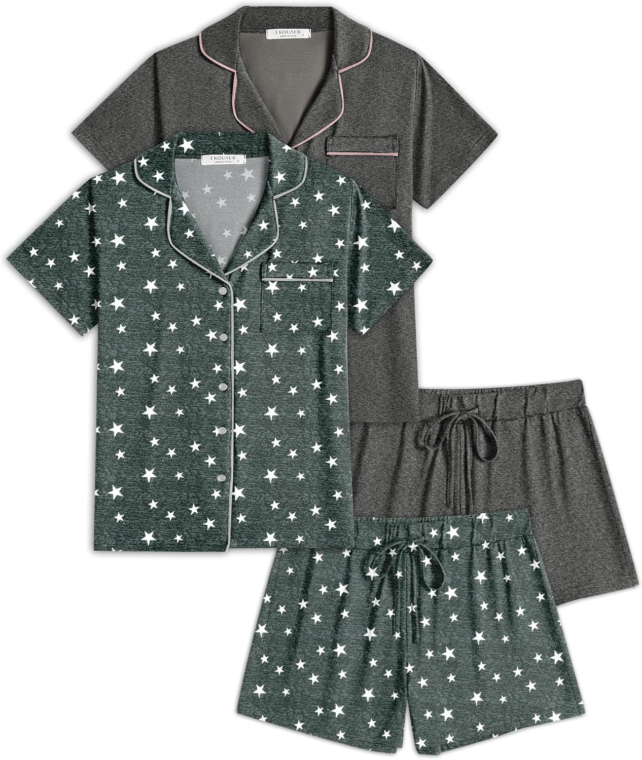 Ekouaer 2 Pack Womens Pajamas Set Button Down Summer Sleepwear Short Sleeve Comfy Pjs Loungewear Set