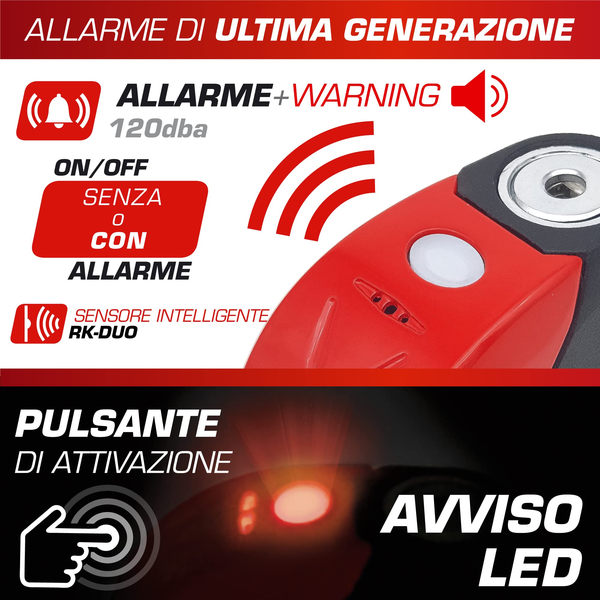RADIKAL RK9 Blocca Disco Per Moto con Allarme Premium 120dB On/Off Warning LED Più Visibile, Baterria Lunga Durata, Antifurto Scooter, Lucchetto Moto Bloccadisco 6mm Universale, 100% Metallo, Rosso